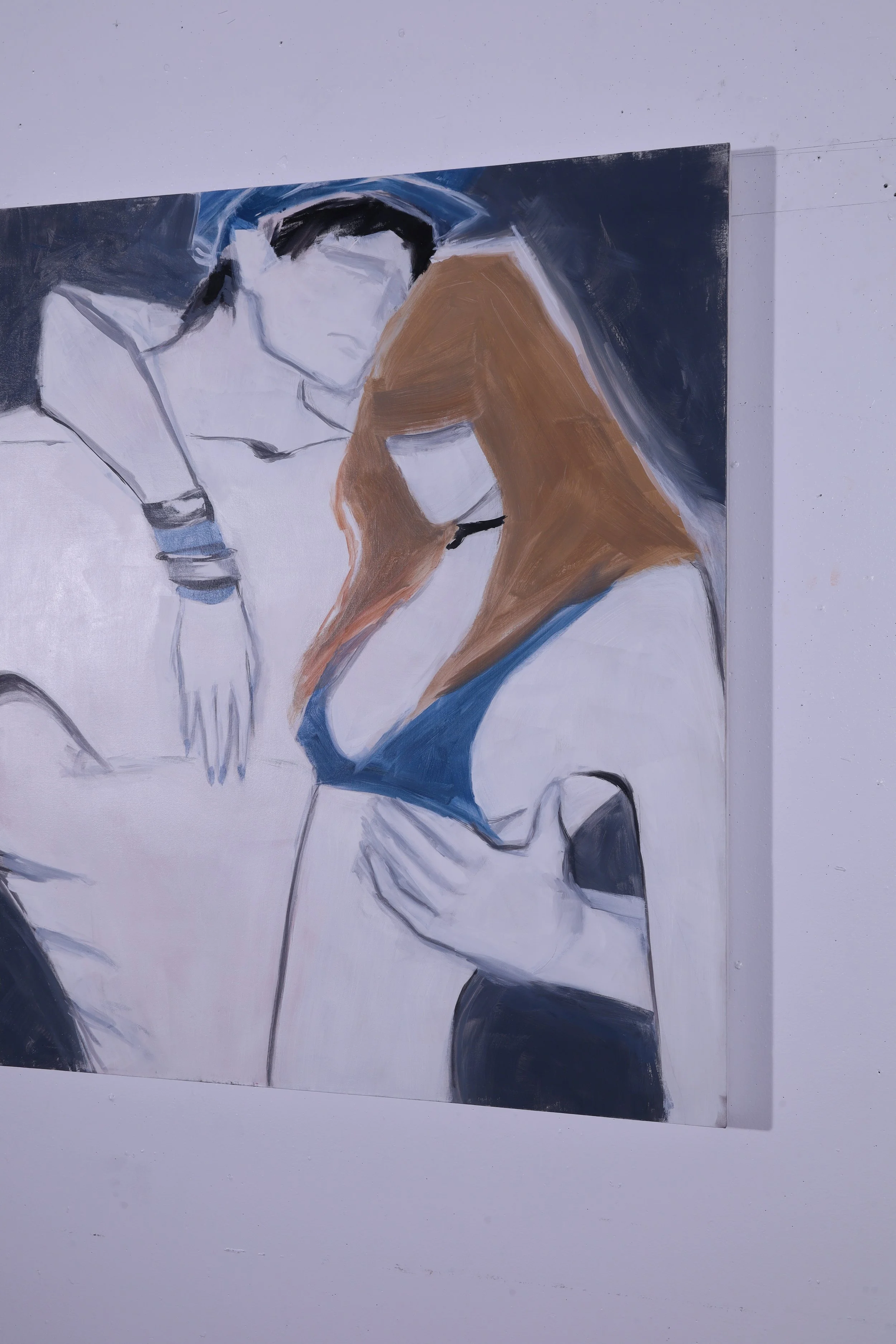 Abstract painting of a man and woman standing close together, with the woman's hair flowing down her shoulders. The woman is wearing a blue top and the man is wearing a police cap, shirtless.