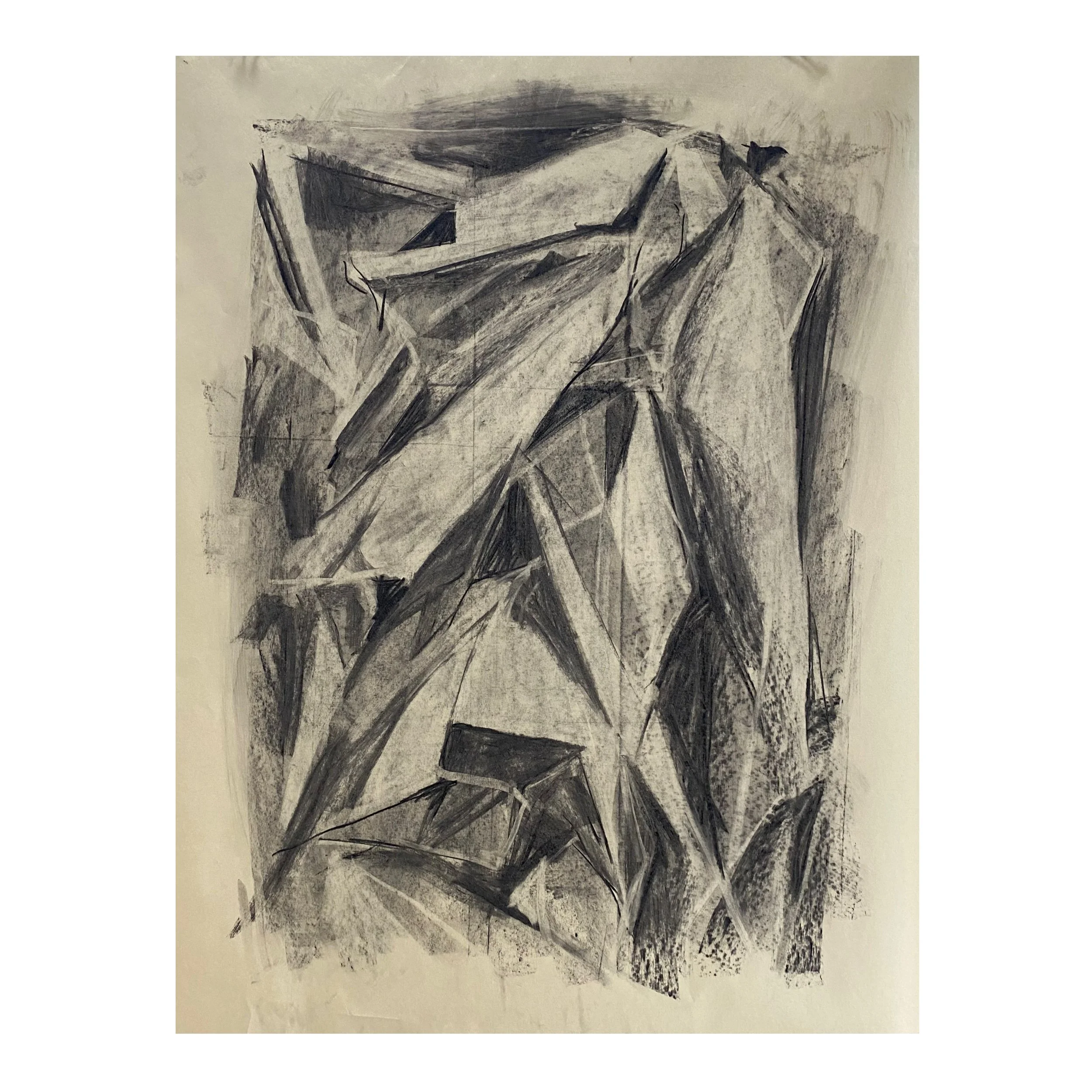 Black and white abstract pencil sketch of overlapping angular geometric shapes resembling leaves or paper planes.