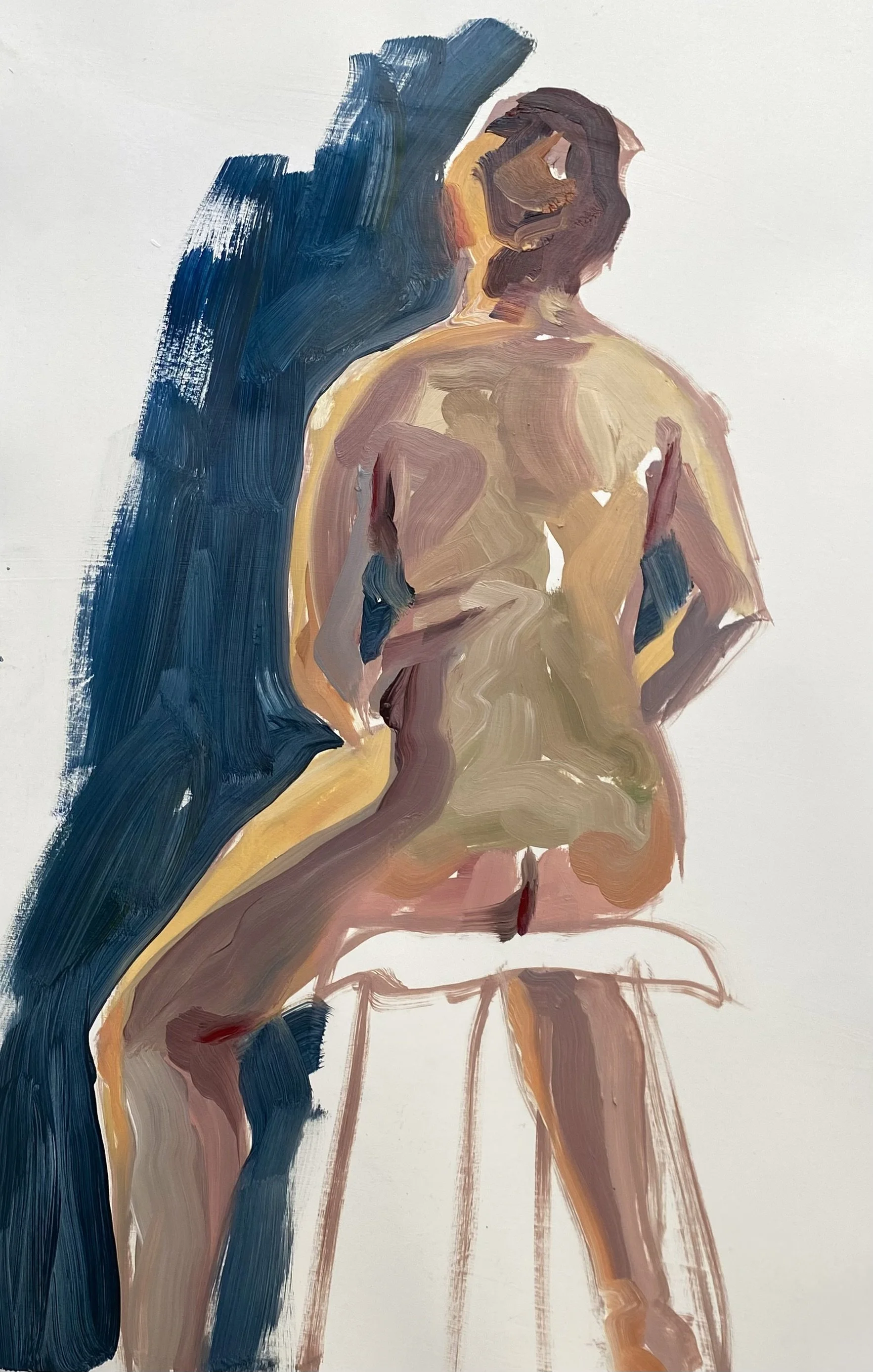 An abstract painting of a seated nude woman viewed from the back, with broad brushstrokes in various colors including blue, beige, brown, and pink.