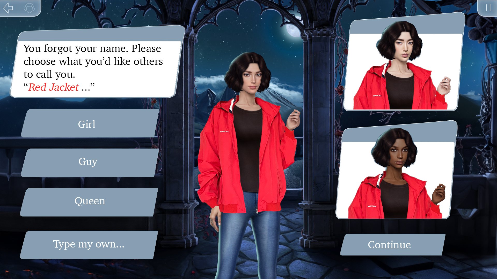 A virtual character with short black hair and a red jacket, standing in front of a moonlit night scene with mountains in the background. There are two smaller images of the same character with different skin tones on the right. Text box on the left a