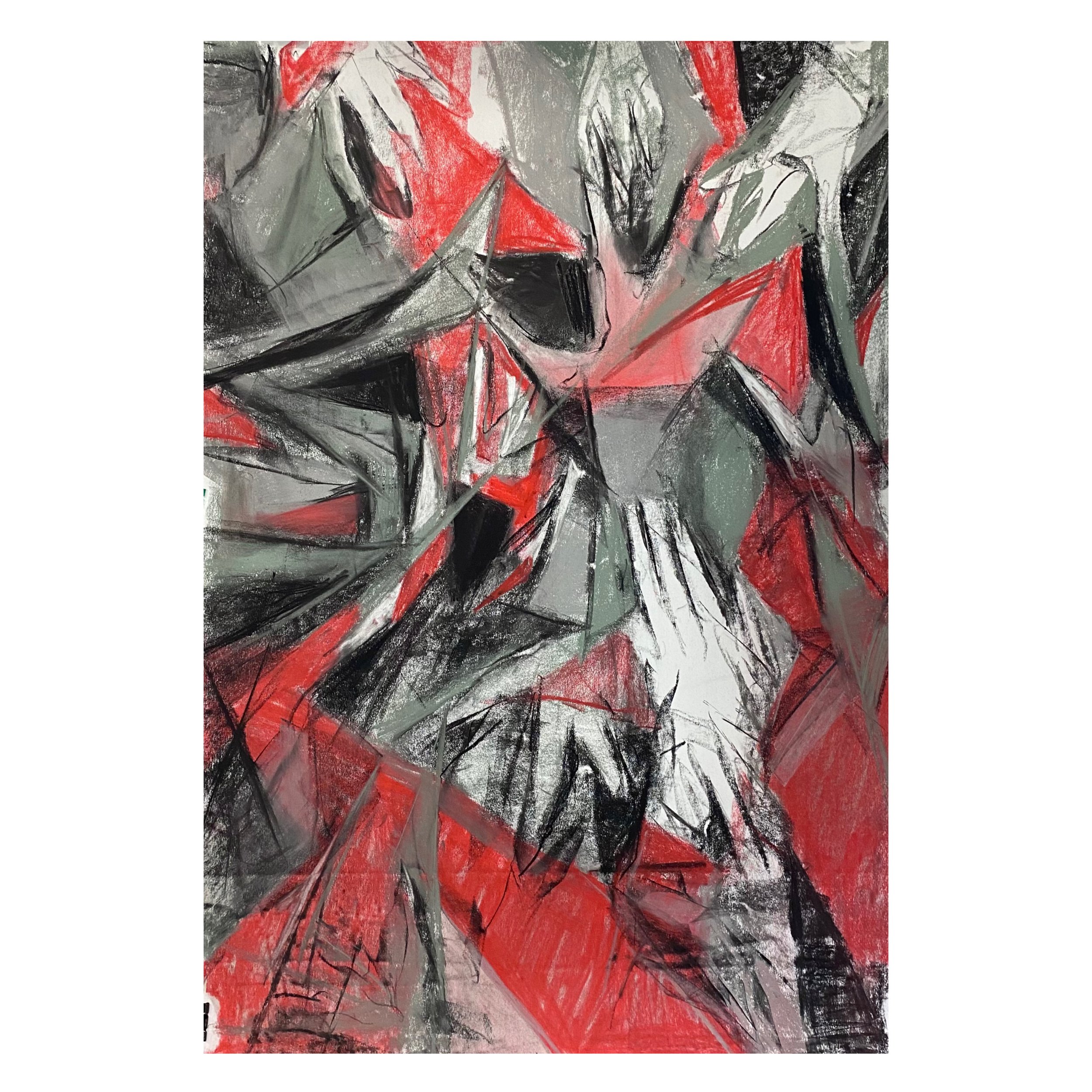 Abstract painting with sharp, angular shapes in red, black, white, gray, and green colors.
