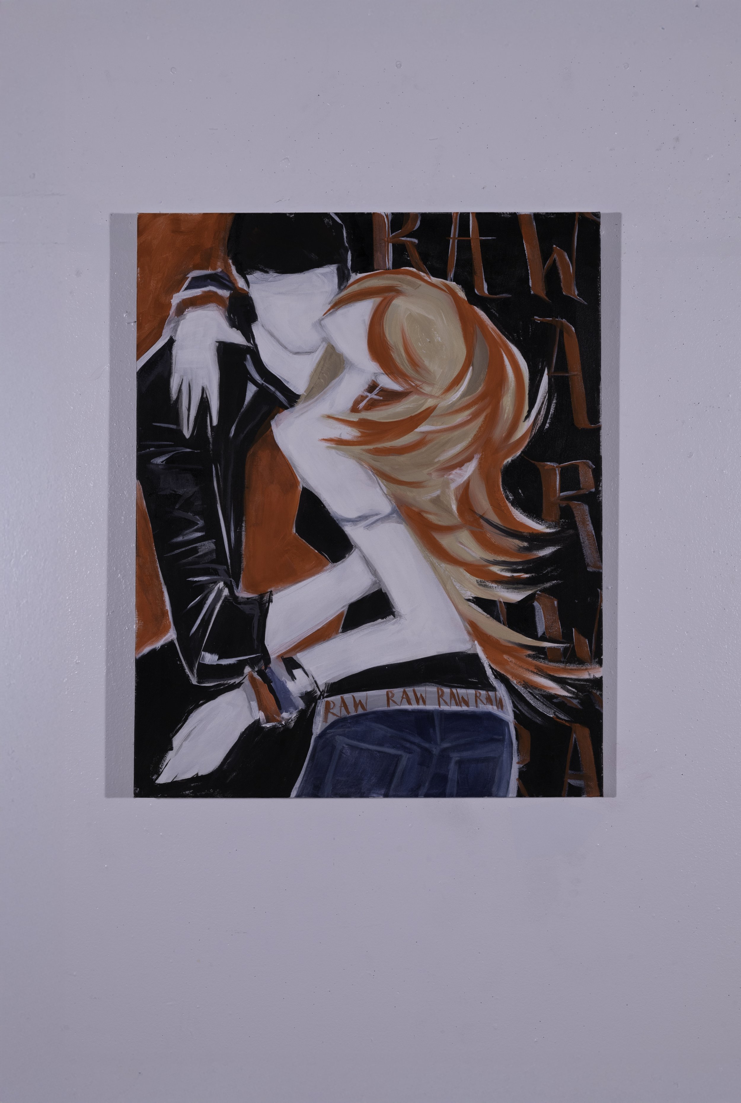 Painting of a couple embracing, with the woman having long red hair and wearing blue jeans with the words 'RAW RAW RAW' on the waistband, and the man in a black leather jacket and black pants, against a black background with red text.