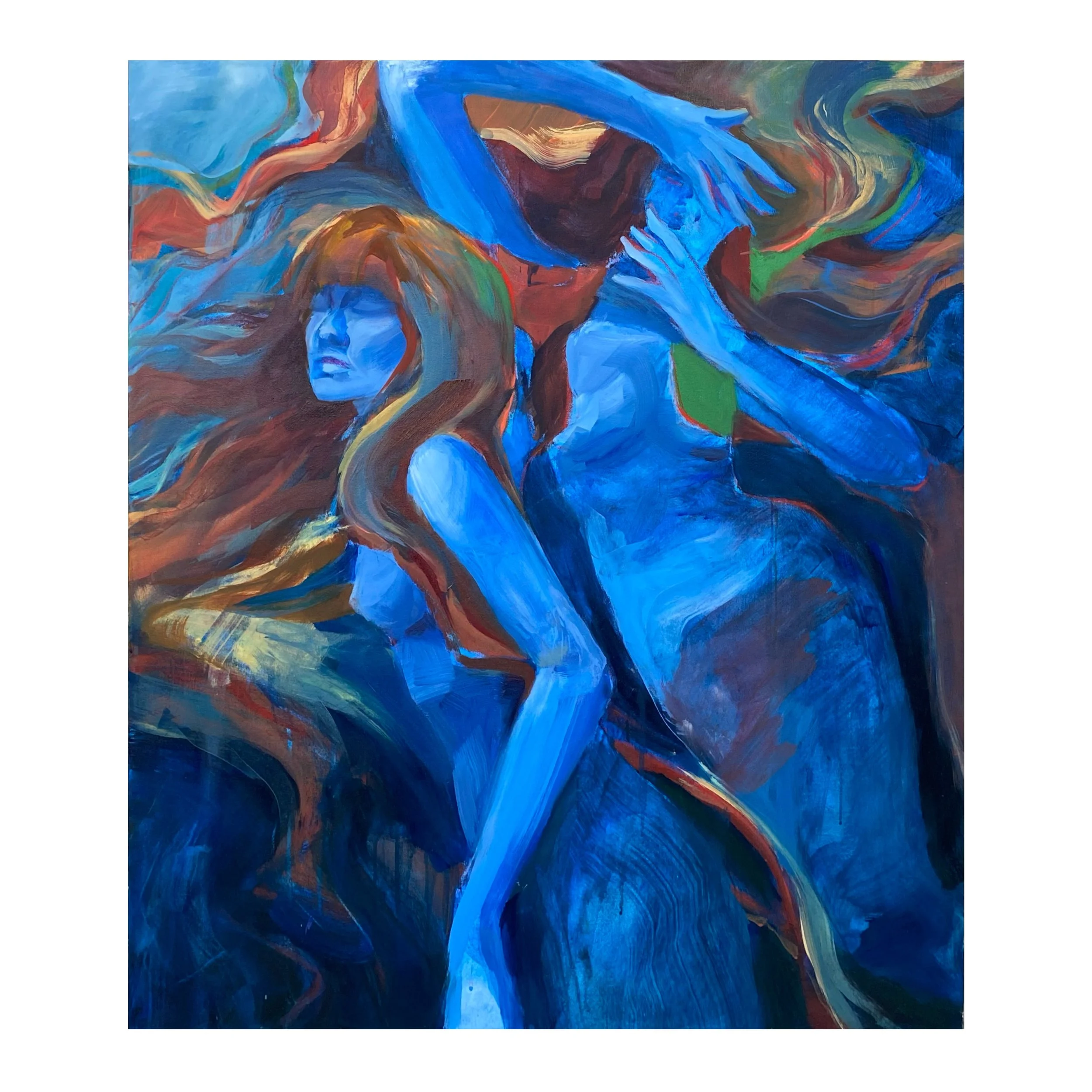 Abstract painting of two intertwined, nude female figures with vibrant blue, orange, and green colors.