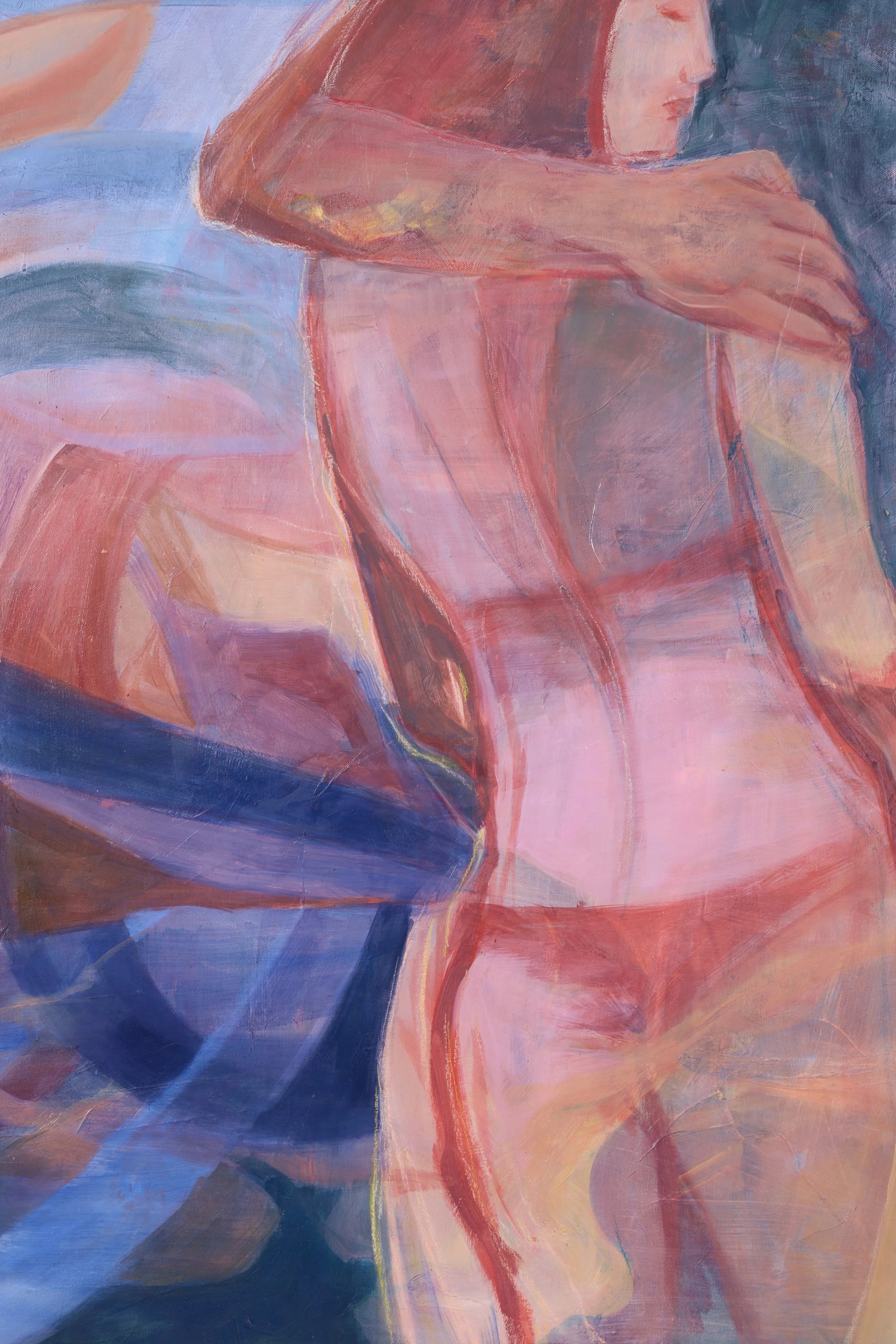 A painting of a woman with long hair and a shirt, with a man behind her, all depicted in an abstract style with flowing lines and muted colors.