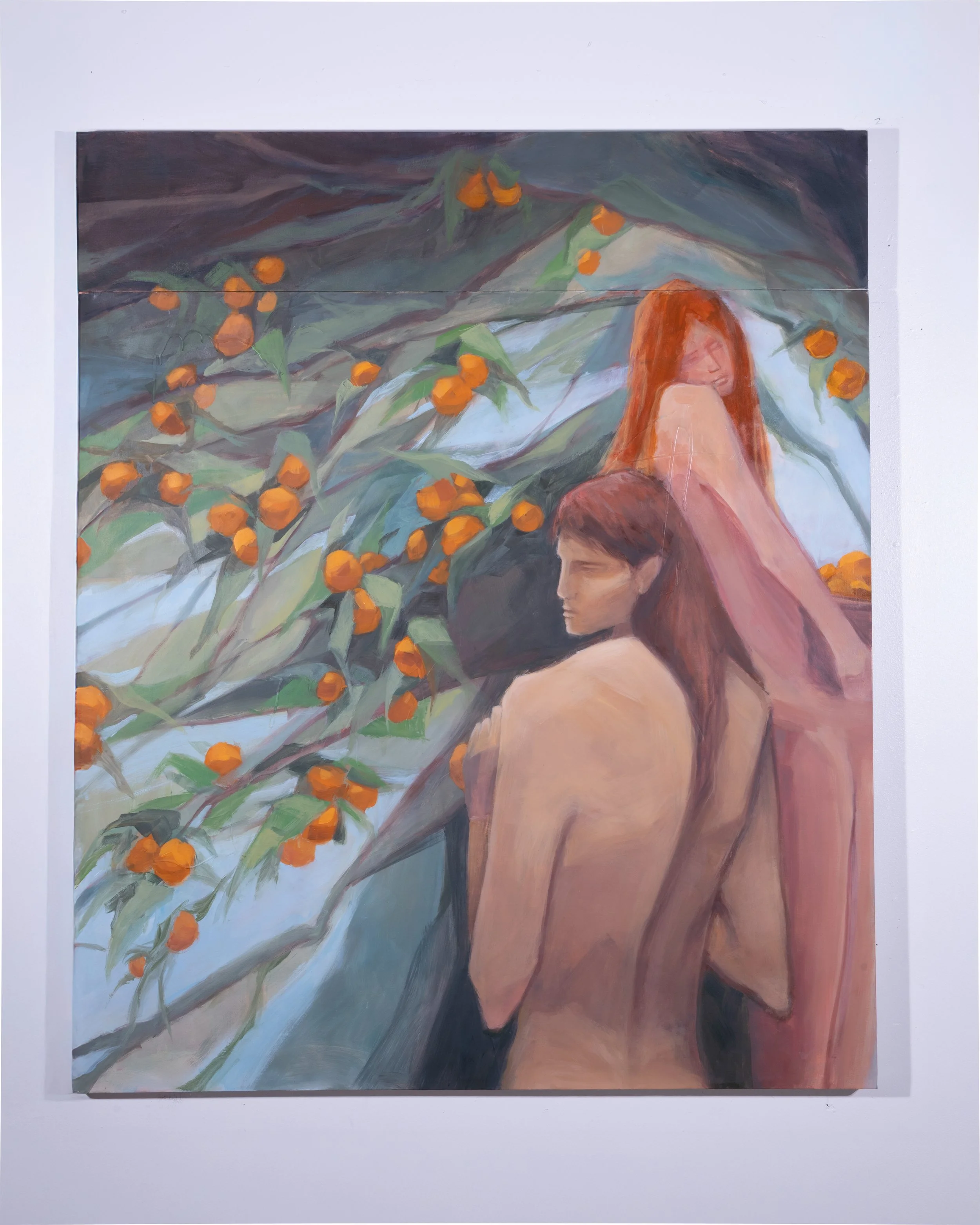Painting of two figures with long hair, one with red hair and the other with brown hair, surrounded by green leaves and oranges.