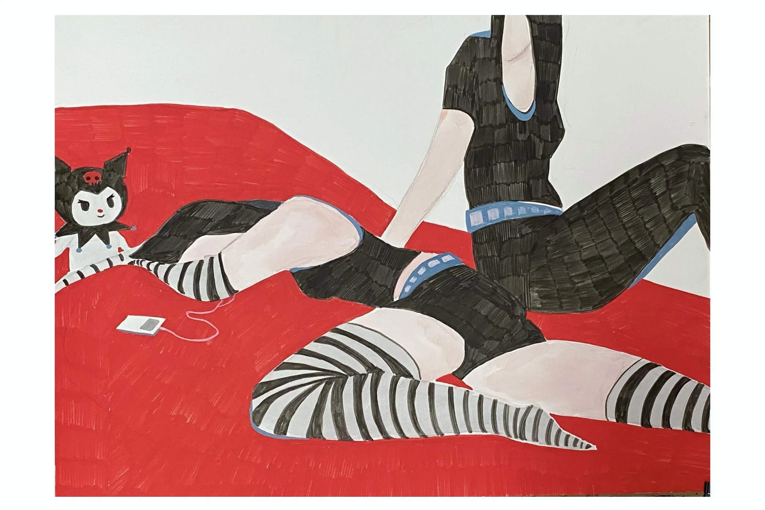 A person sitting on a red surface, dressed in black with striped socks, with a doll featuring black hair, a small red skull, and a striped outfit nearby; a music player or similar device is also on the surface.