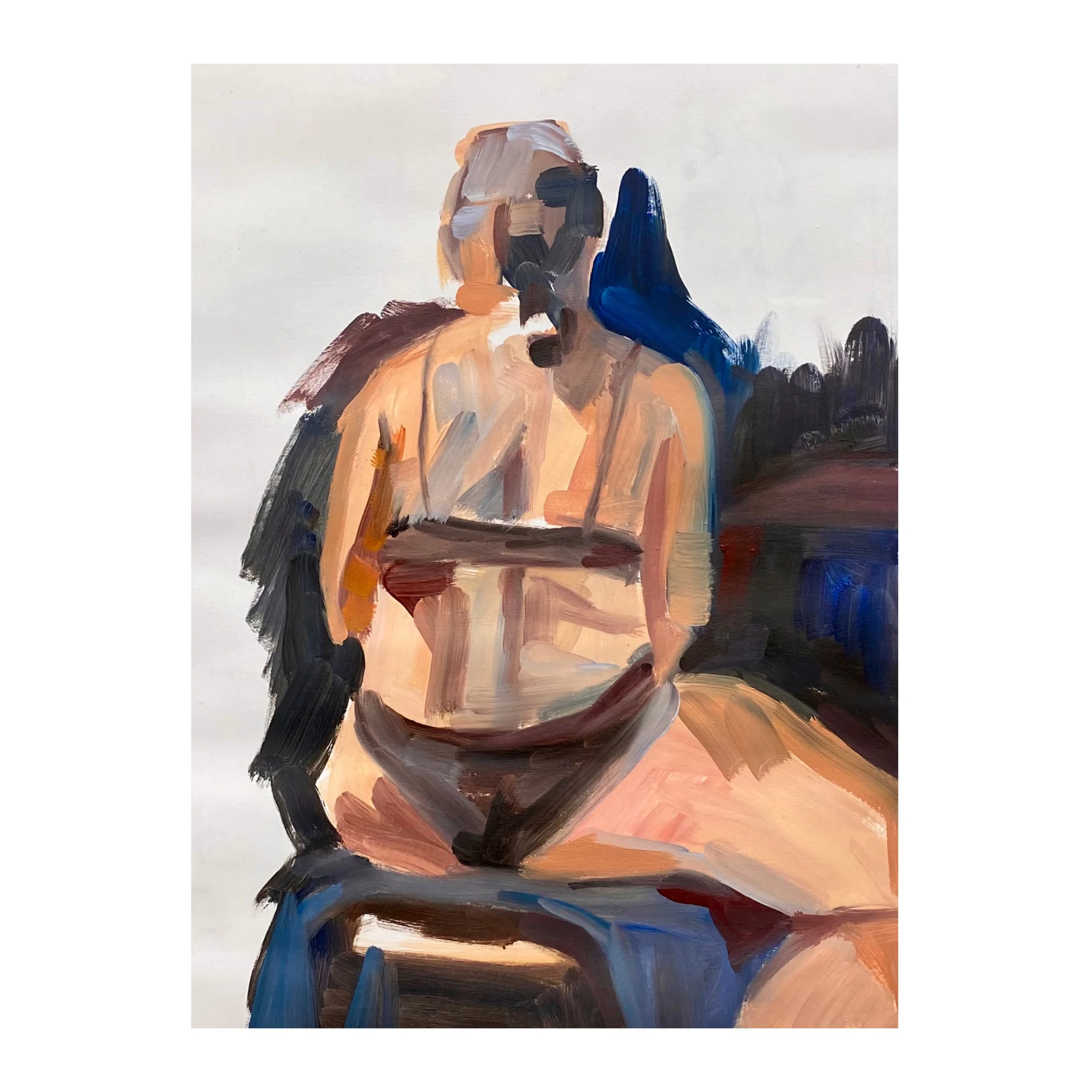 Abstract painting of a woman sitting outdoors, wearing a bra, with loose brushstrokes and a dark background.