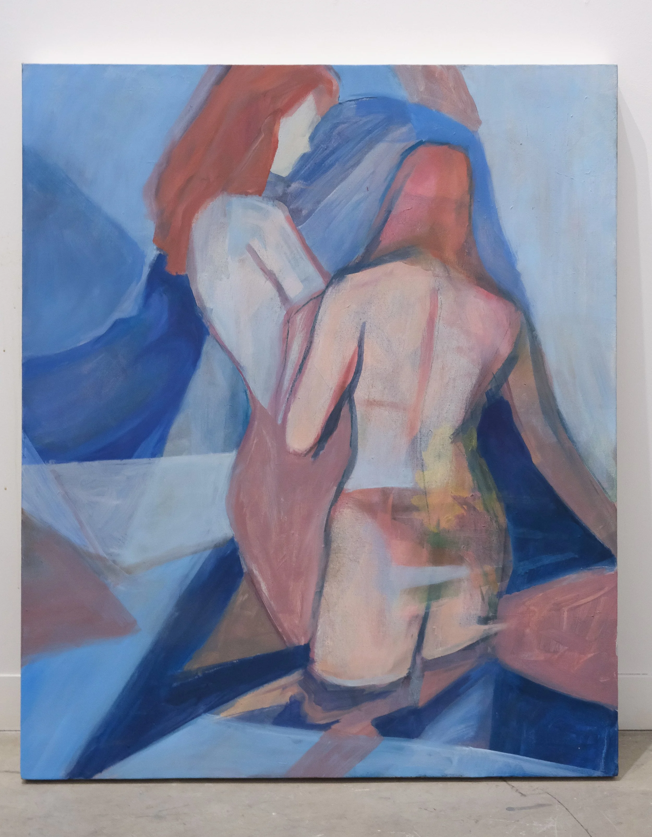 Semi-abstract painting of two women in swimsuits surrounded by abstract water inspired imagery.