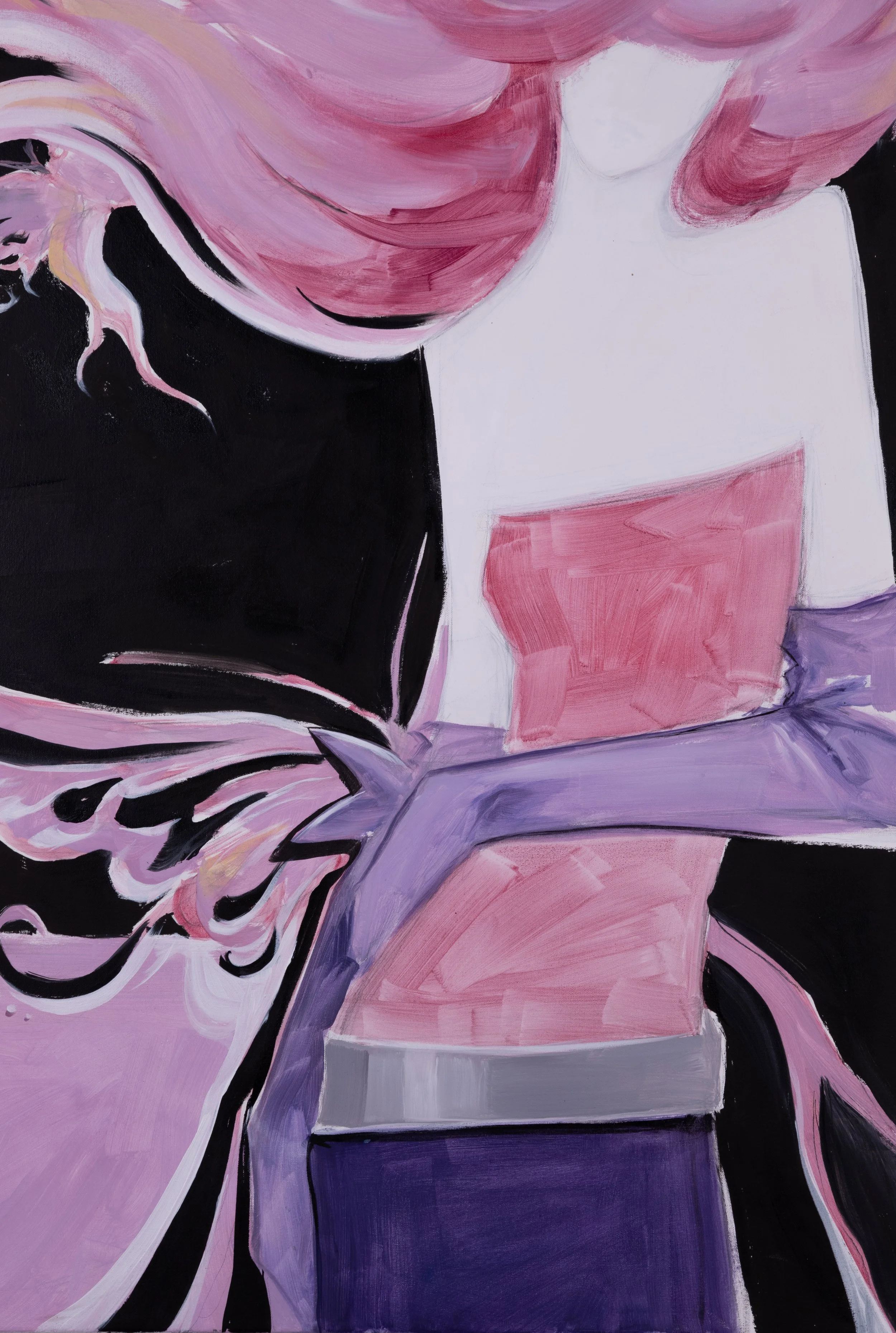 An abstract painting of a woman with pink hair, wearing a strapless pink dress and purple gloves, standing with her arms crossed against a black background.