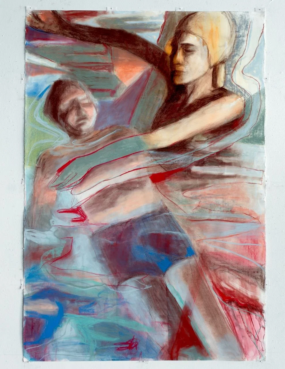 An abstract painting depicting two figures, a woman and a man, with the woman holding a sword or stick over the man's chest, set against a colorful background with red, blue, green, and neutral tones.