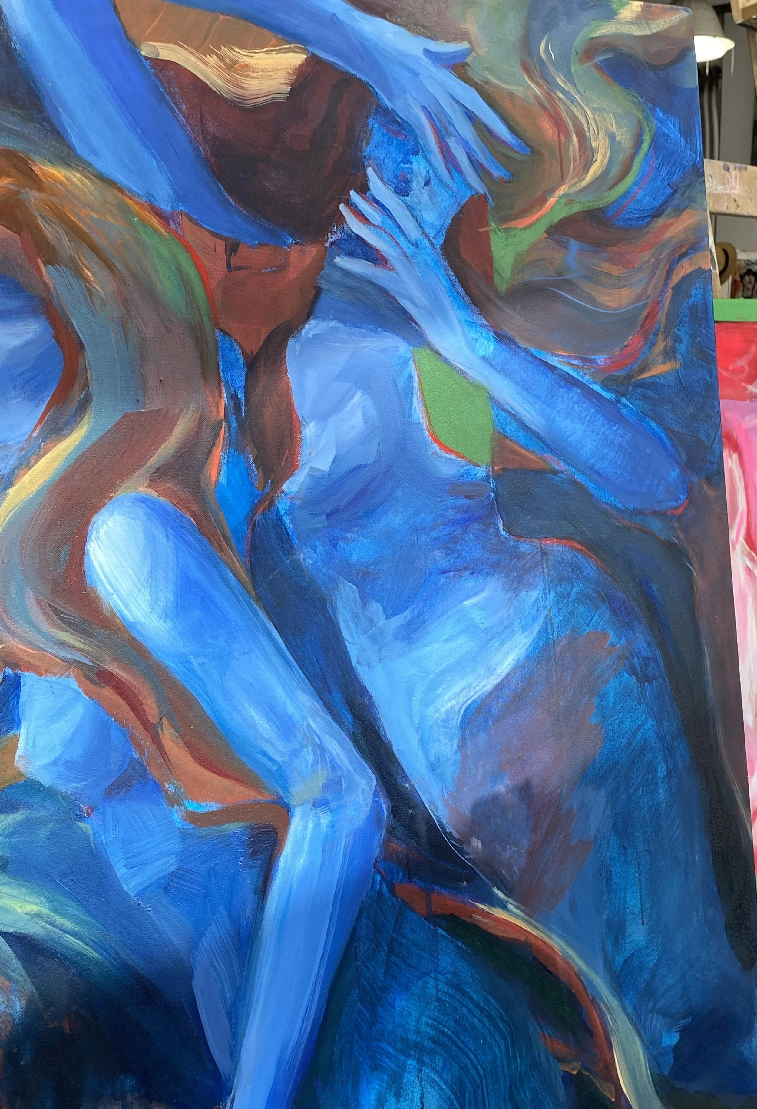 Abstract painting of a nude woman with long flowing hair, primarily using shades of blue and accented with other colors.