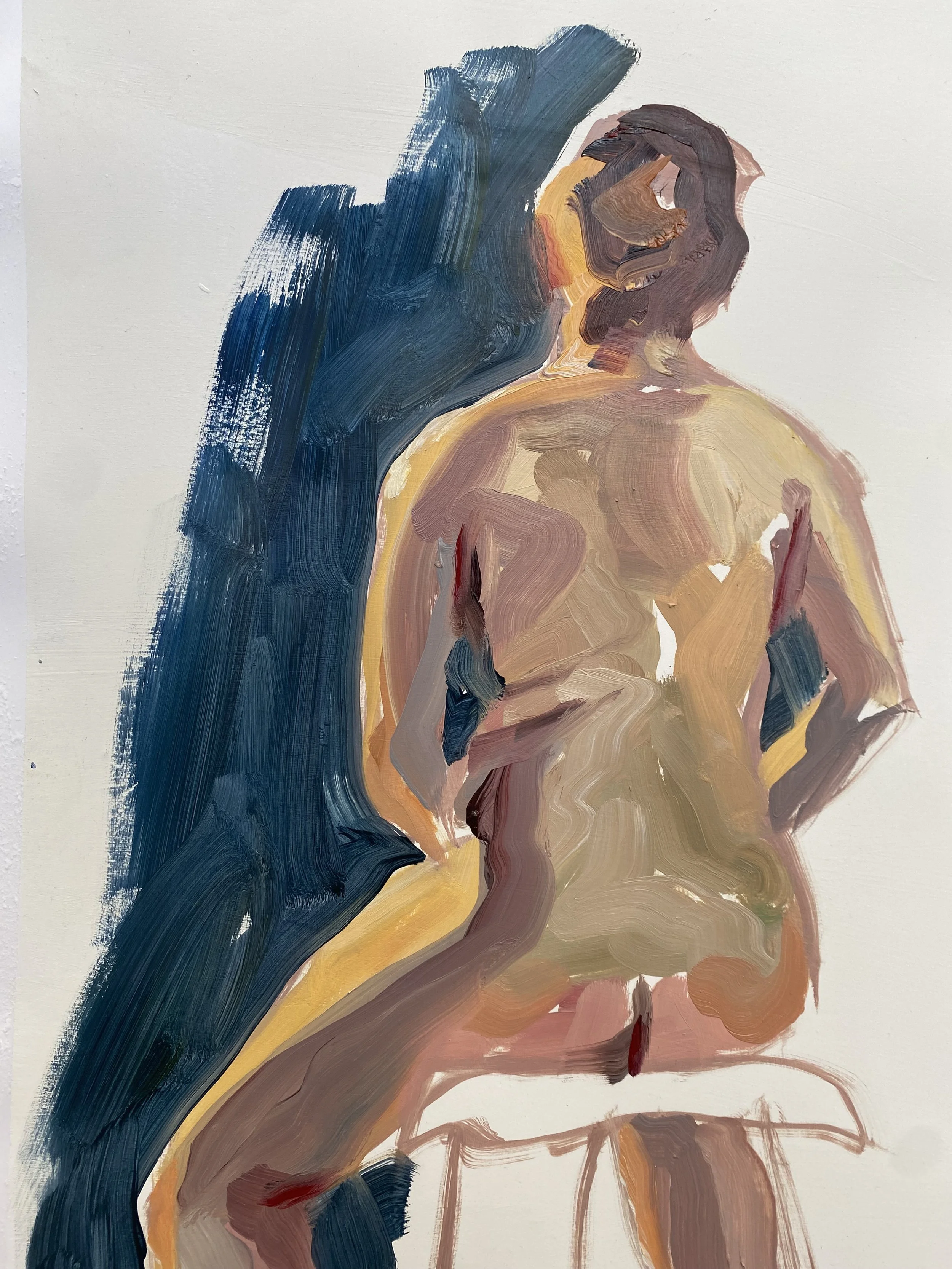 Abstract expressionist painting of a nude woman sitting on a stool with a large blue and black background brushstroke.