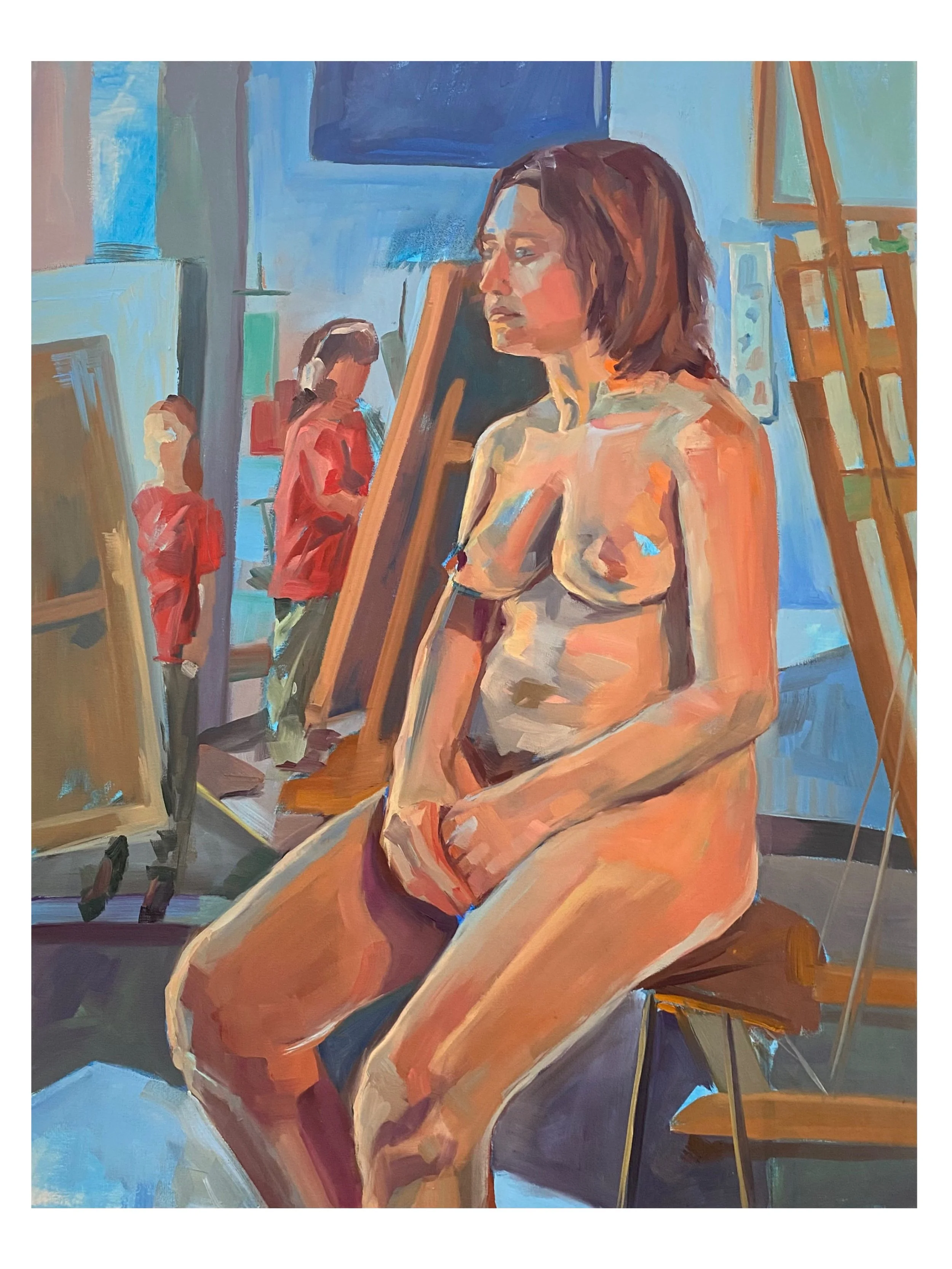 A painting of a nude woman sitting on a stool in an art studio, with an easel and two figures in red jackets in the background.