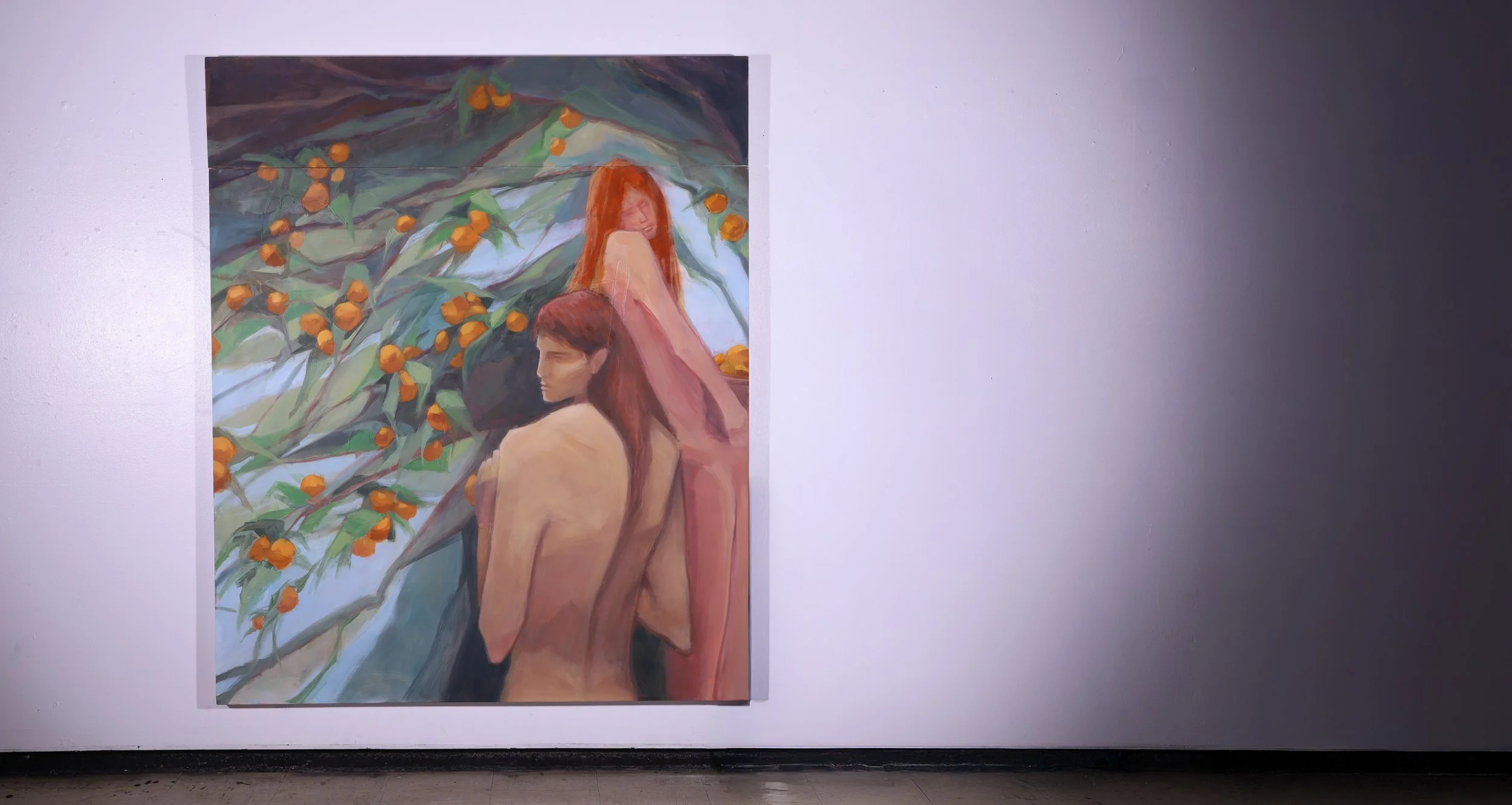 Painting of two nude figures with long hair, a woman with red hair looking away, and a man with brown hair turned to the side, surrounded by green leaves and oranges.