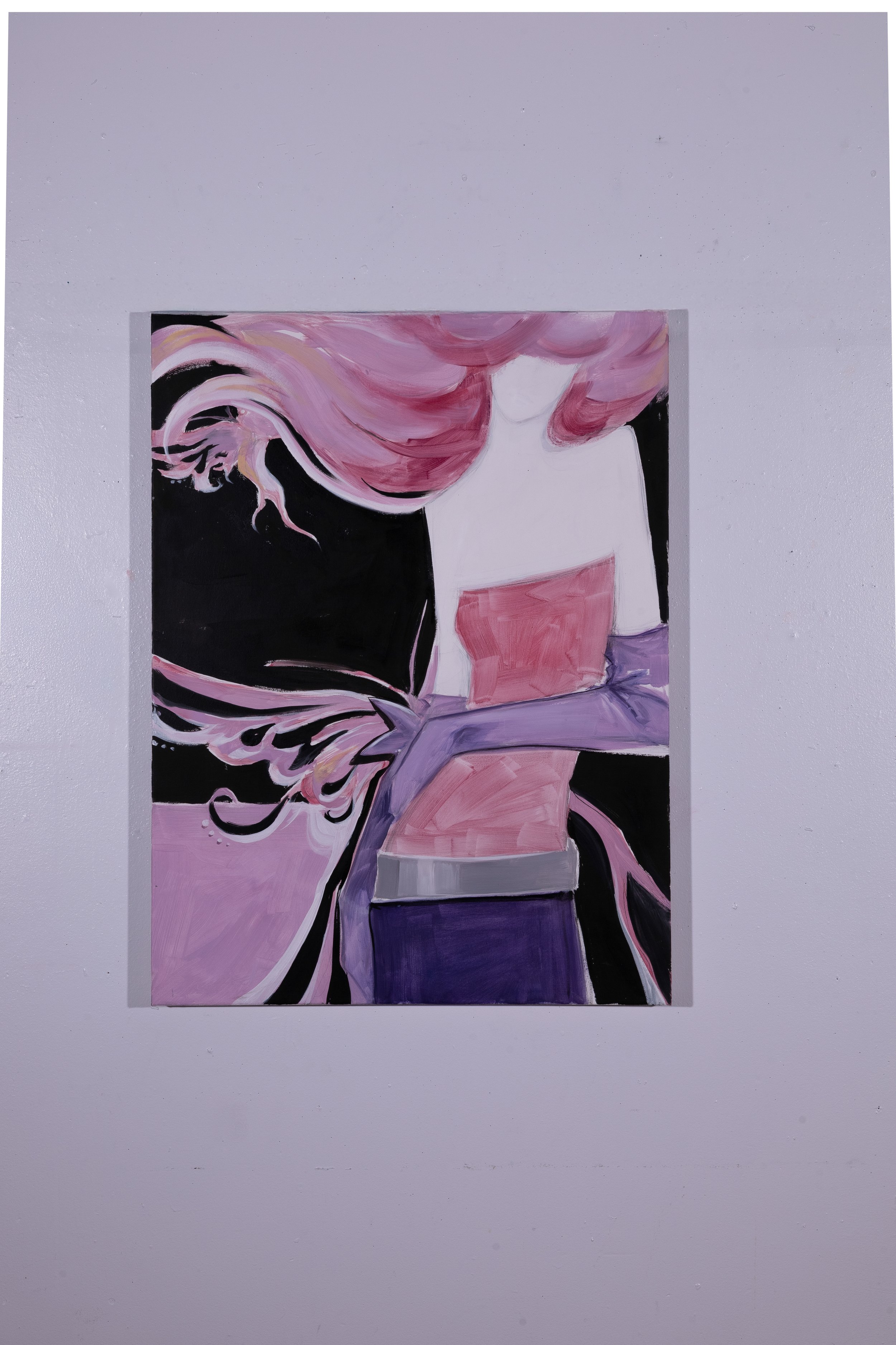 An abstract painting of a woman with pink hair, wearing a strapless pink dress and purple gloves, standing with her arms crossed against a black background.