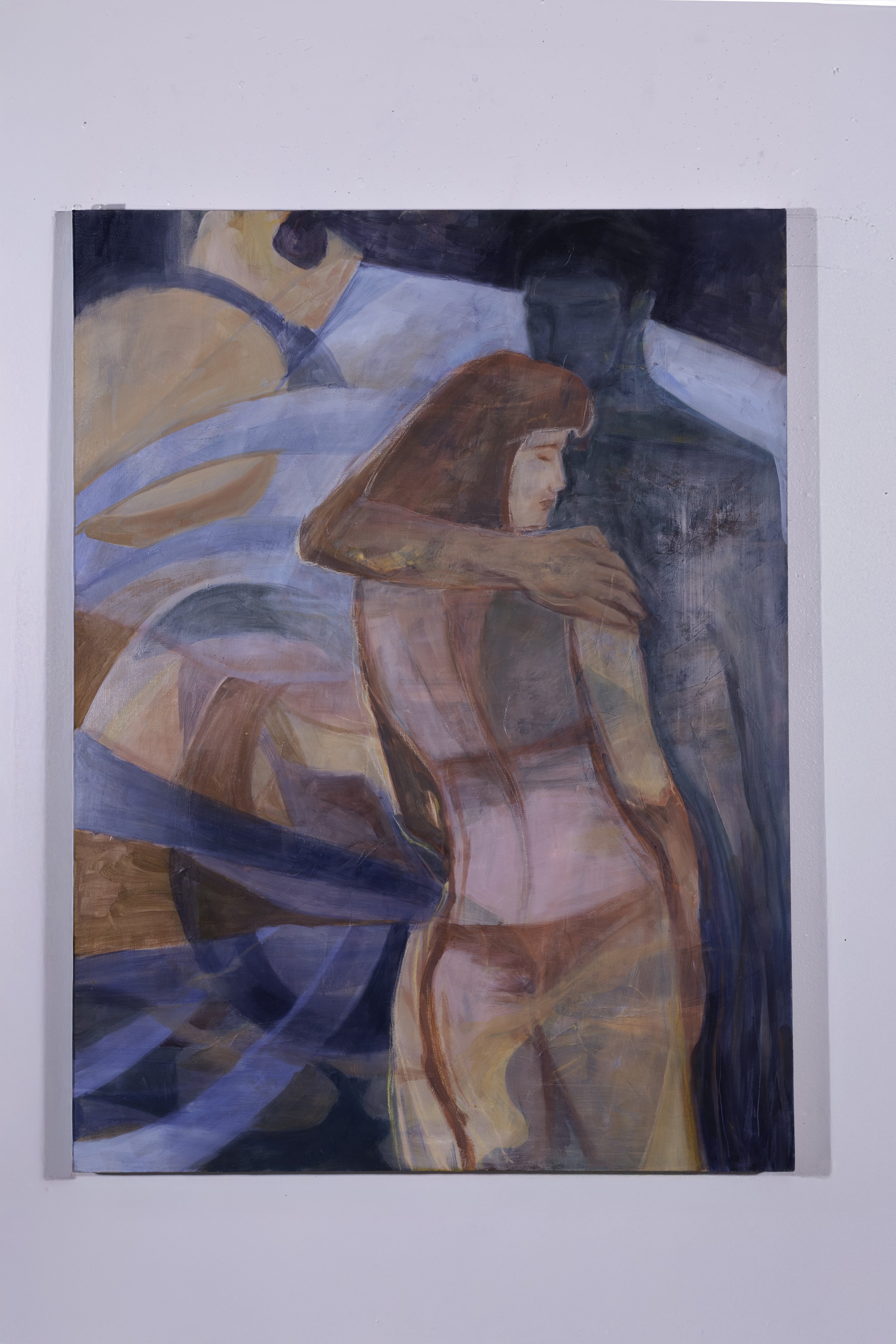 A painting of a woman with long hair and a shirt, with a man behind her, all depicted in an abstract style with flowing lines and muted colors.