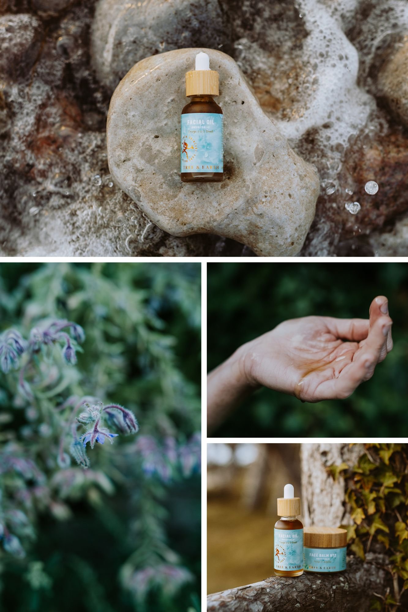 En flaske med en grøn ansigstolie på en sten i vandkanten, blå blomster af hjulkrone, en hånd med dråber af olie i håndfladen på mørkegrøn baggrund