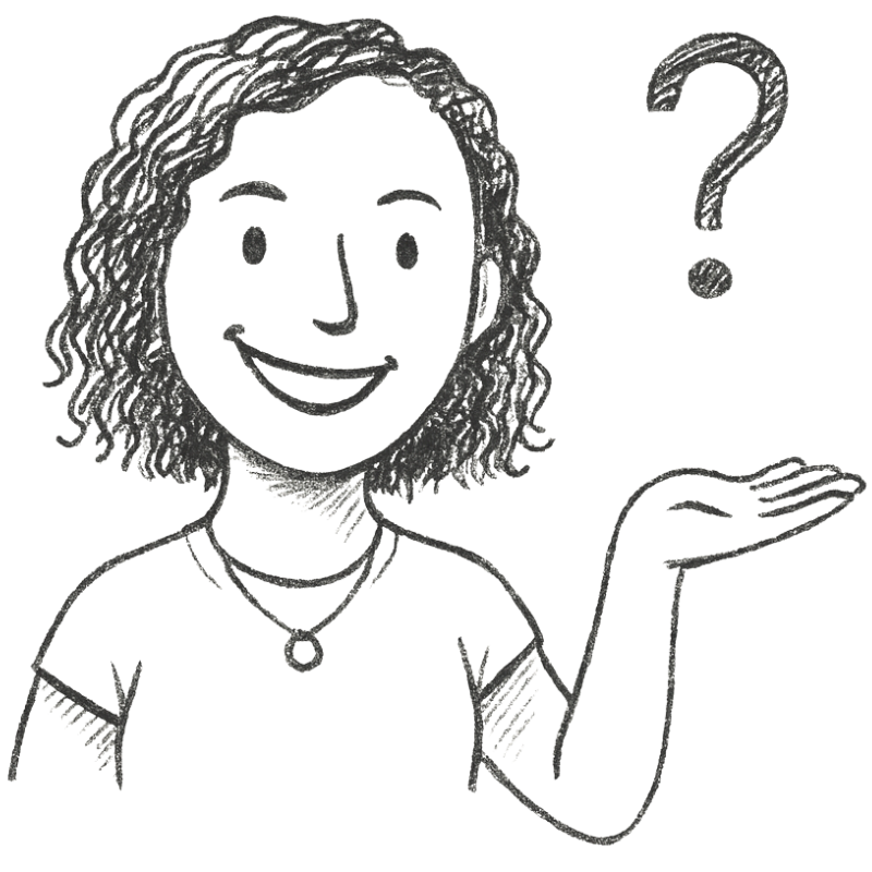 A black and white illustration of a woman with curly hair smiling, with her left hand raised and a question mark next to her head.