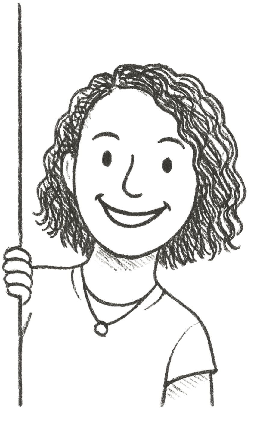 Line drawing of a young woman with curly hair smiling and holding a flagpole.