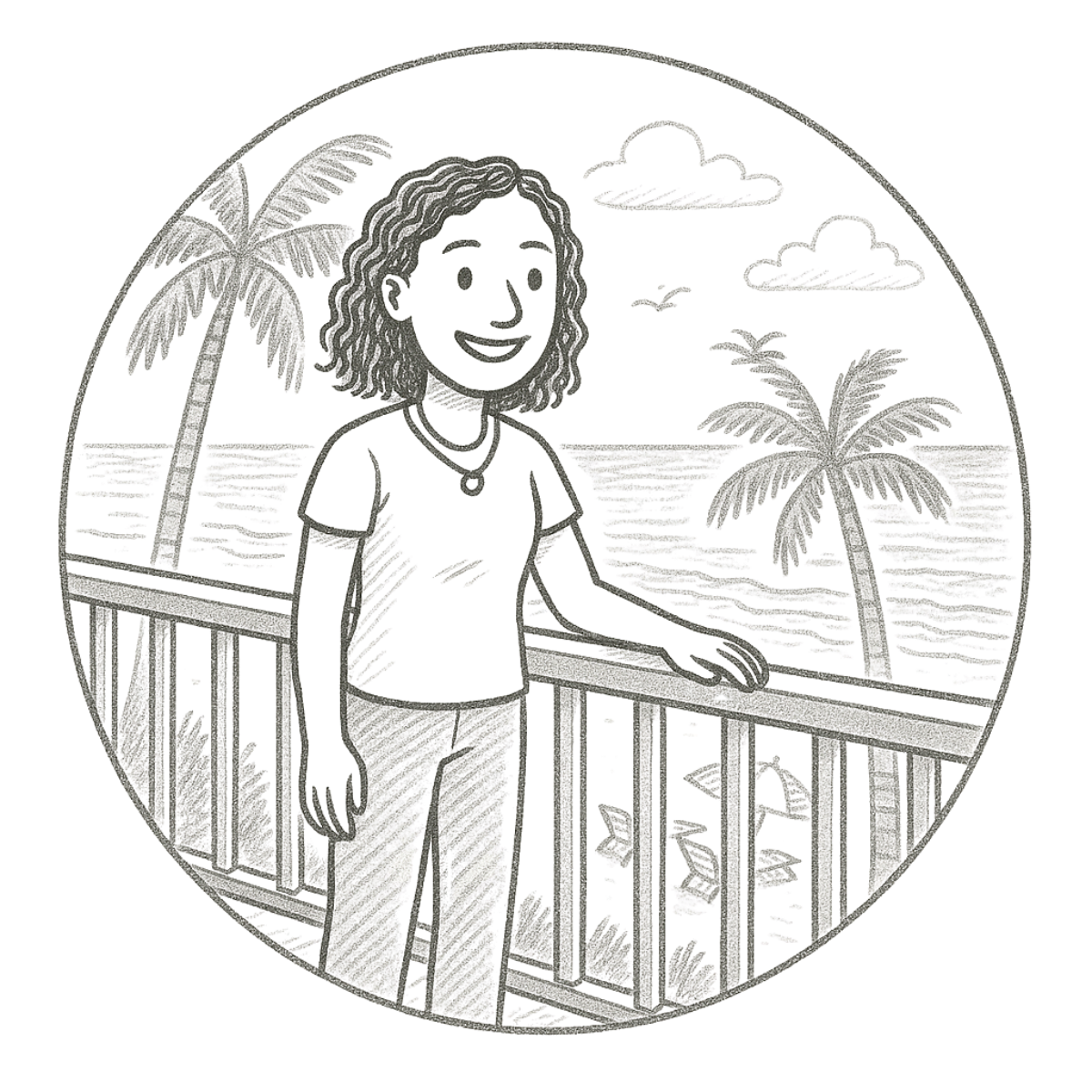 A metal boardwalk scene with a smiling woman and two palm trees, one on each side, against a backdrop of a sunset with clouds.