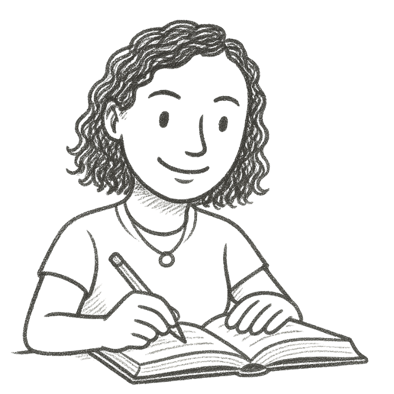 Drawing of a smiling woman with curly hair reading a book and holding a pencil.
