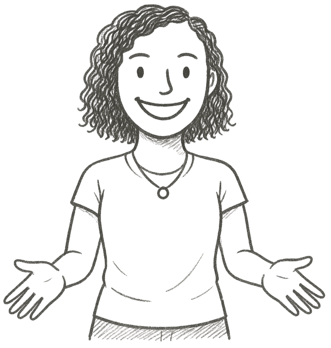 Line drawing of a woman with curly hair, smiling, wearing a t-shirt, with her hands raised in a shrugging gesture.