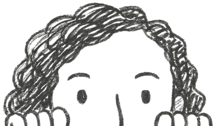 Close-up of a cartoon face with gray, curly hair and dark eyebrows.