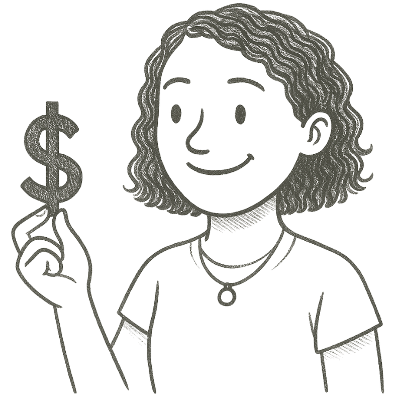 Line drawing of a smiling woman with short, curly hair, holding a dollar sign in her right hand, wearing a t-shirt and necklace.