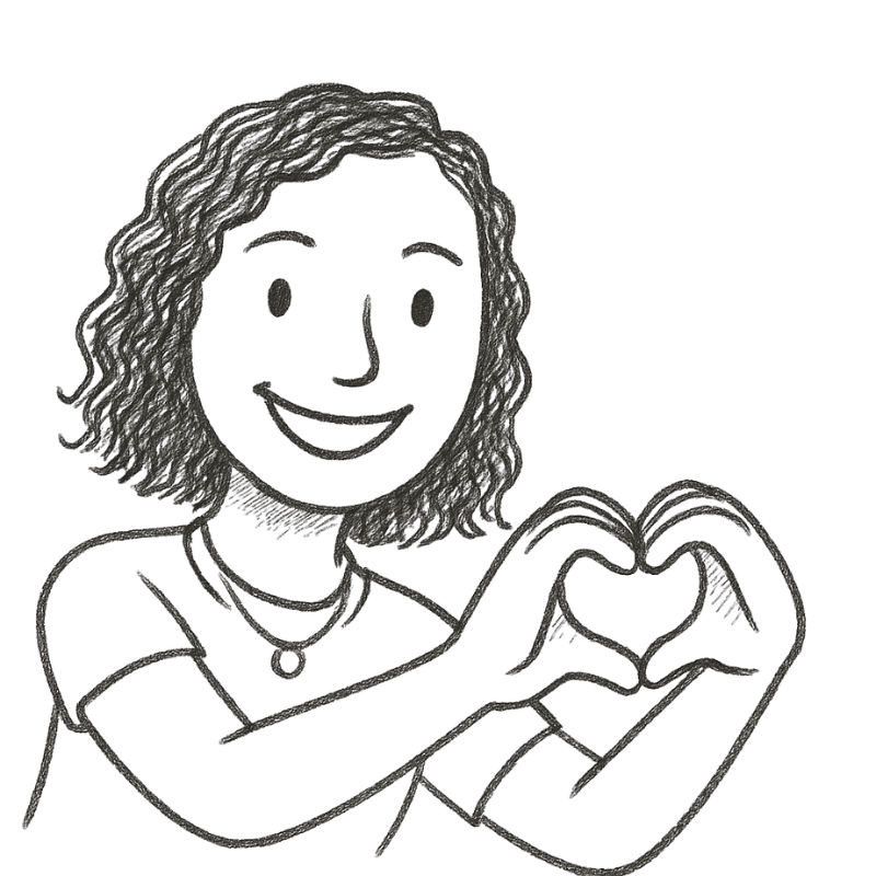 Line drawing of a smiling woman with curly hair making a heart shape with her hands.