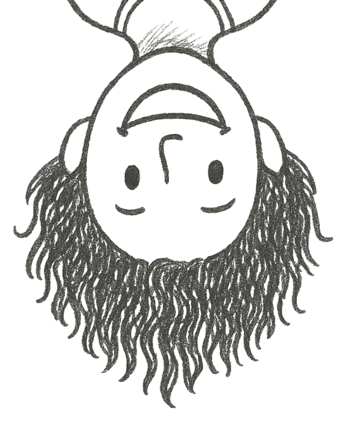 A stylized drawing of a bee with a smiling face, large eyes, and a long, curly beard.