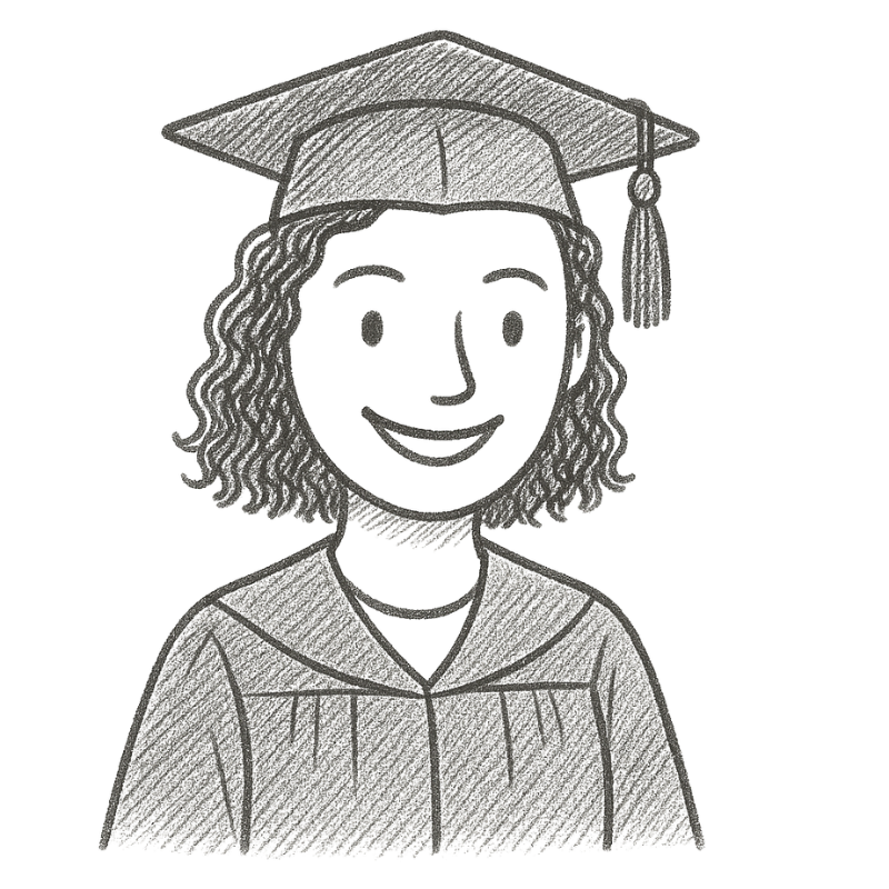 Drawing of a woman in a graduation cap and gown, smiling.