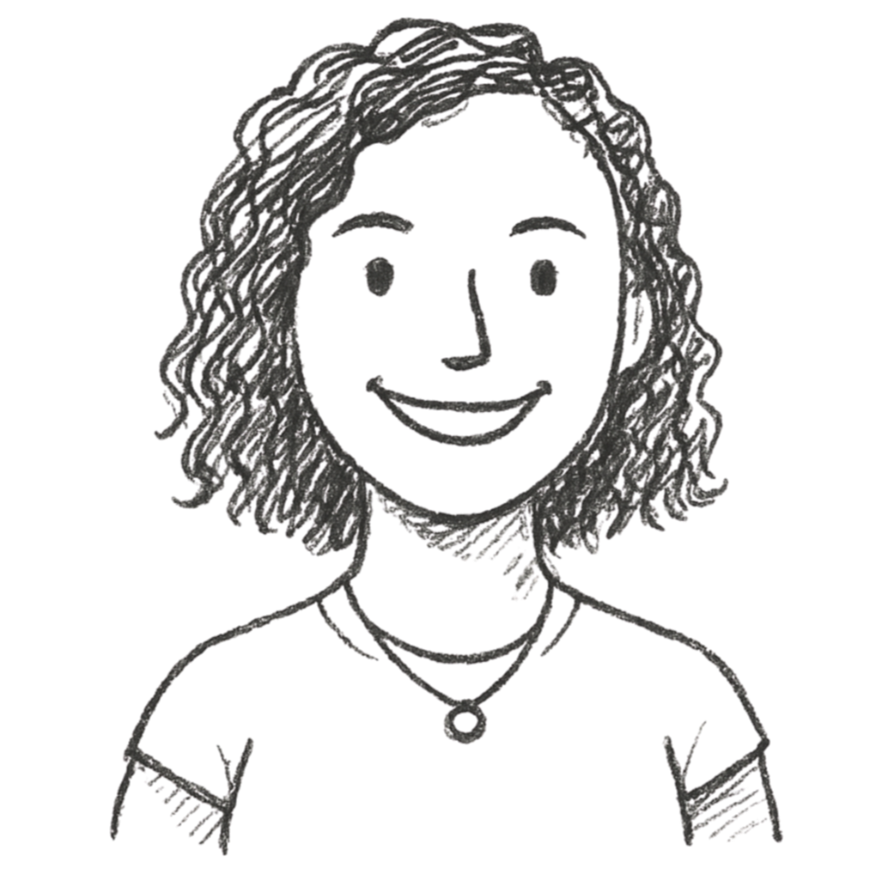 Black and white sketch of a smiling woman with curly hair wearing a t-shirt and a necklace.