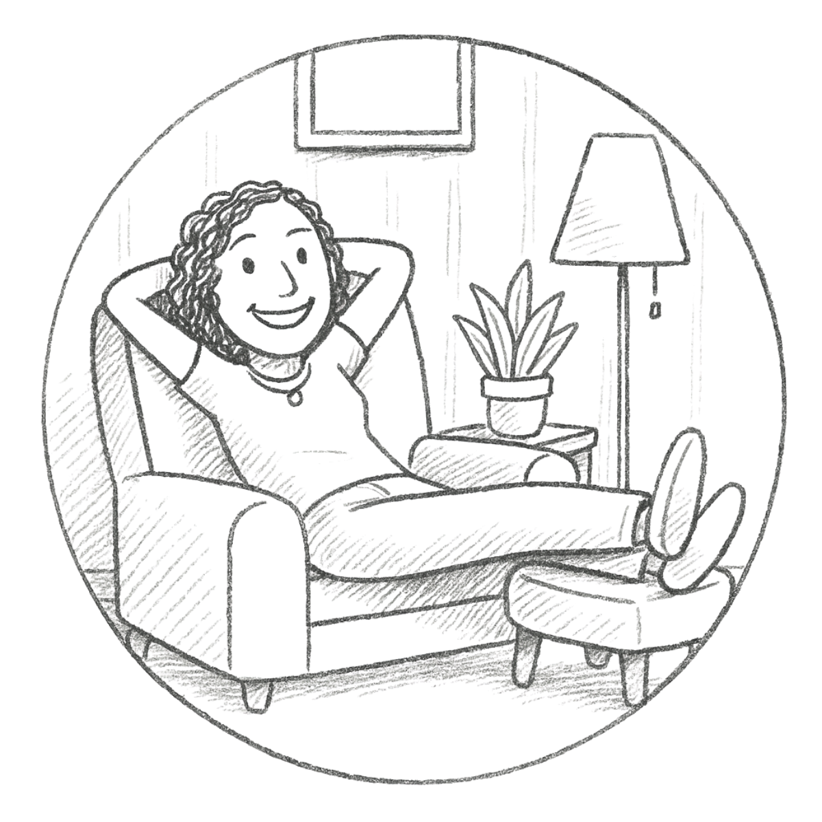 Sketch of a woman sitting at a desk, looking at a computer monitor, with a plant and lamp on the desk.
