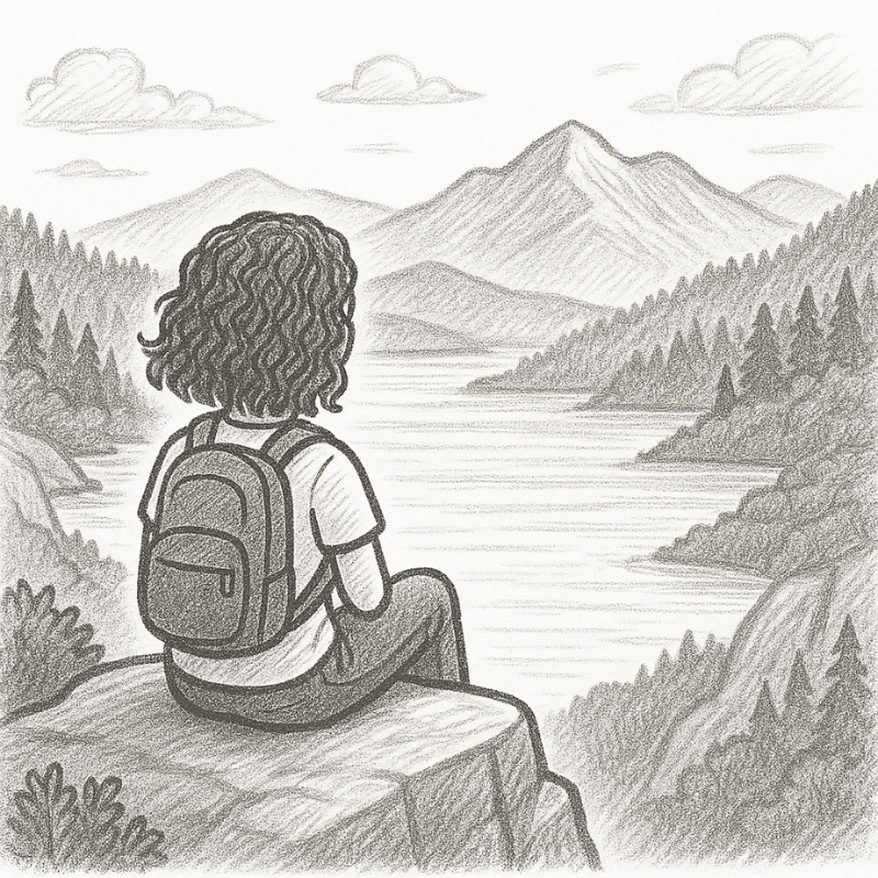 A person with curly hair, wearing a backpack, sitting on a rock overlooking a mountain lake with forested hills and mountains in the background.