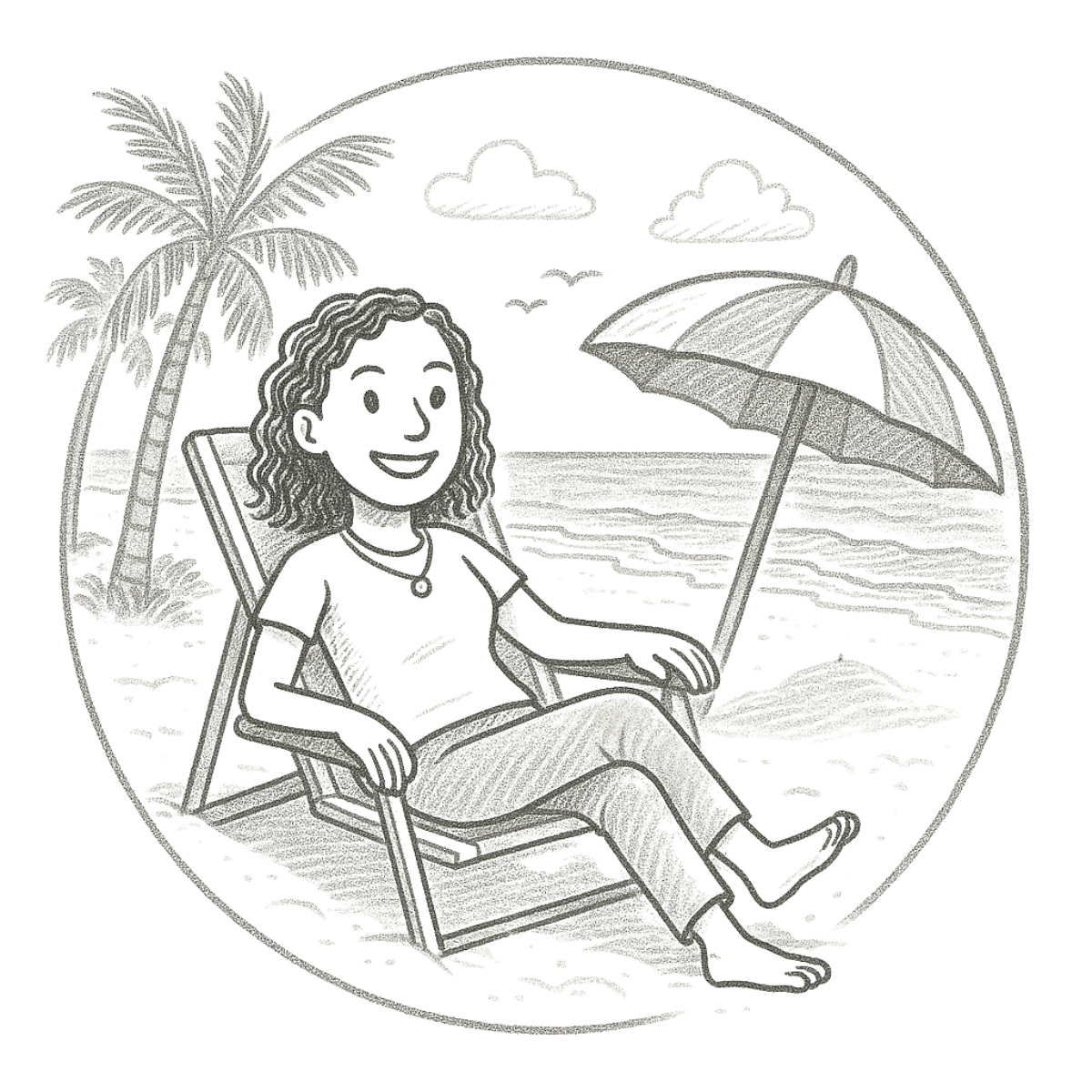 Line drawing of a woman relaxing on a chair with an umbrella on a beach, palm trees, and the ocean in the background.