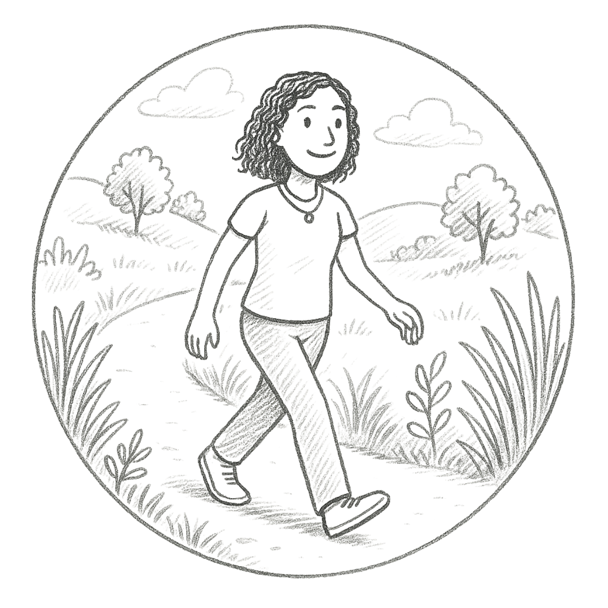 A line drawing of a woman with curly hair walking on a path in a park, surrounded by trees and grass, with clouds in the sky.