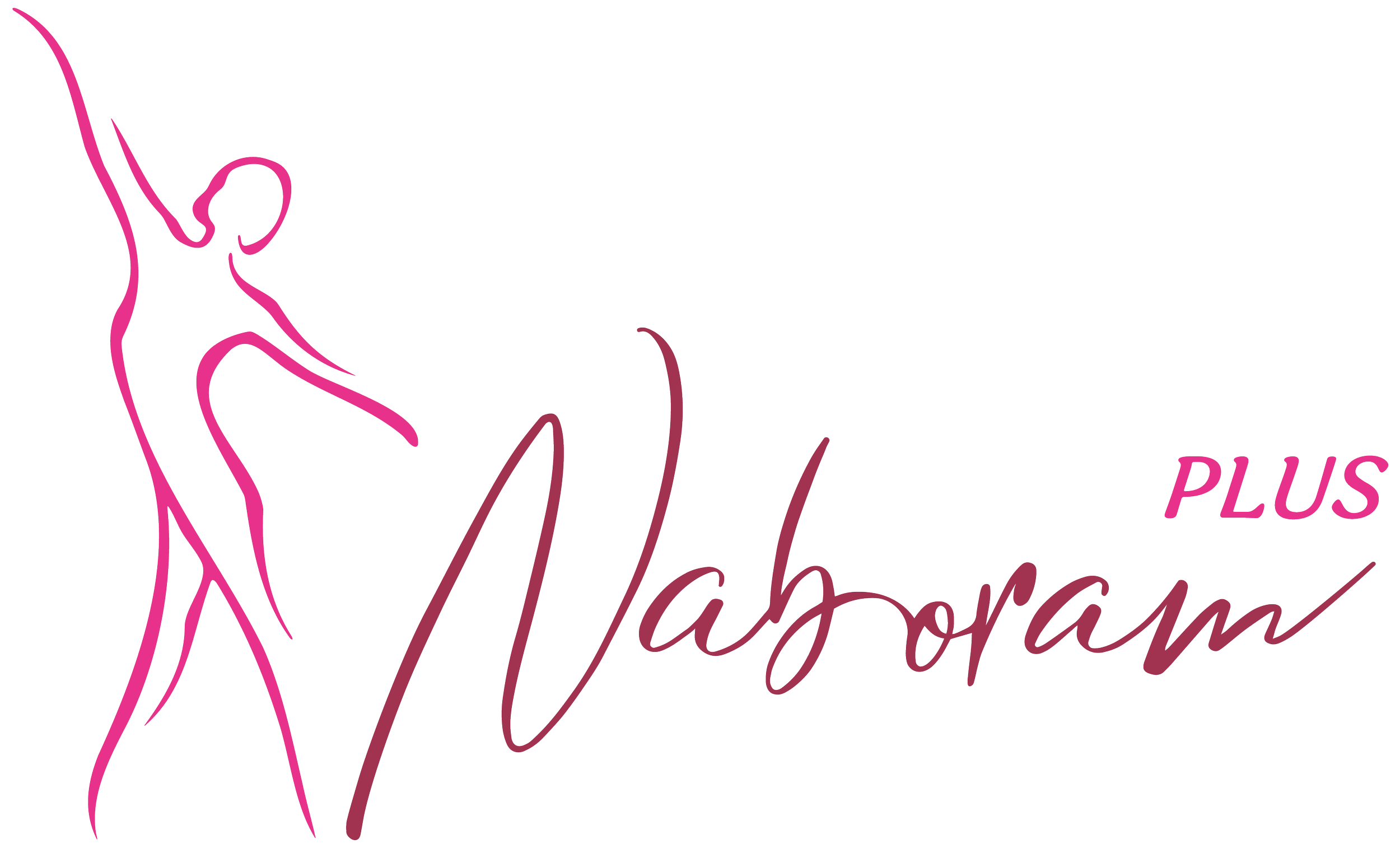 Logo met een lijntekening van een danseres in roze, met de tekst 'Naboram PLUS' in sierletterstijl.