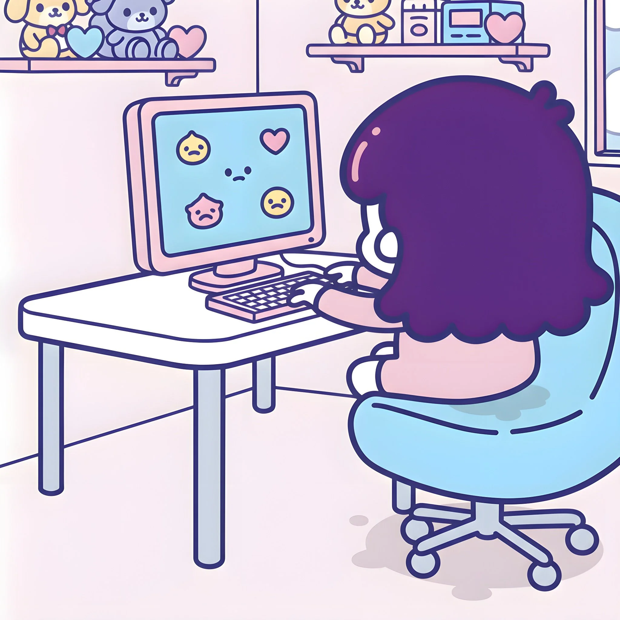 A girl sitting at a desk, wearing headphones, facing a computer monitor displaying various emoji faces.