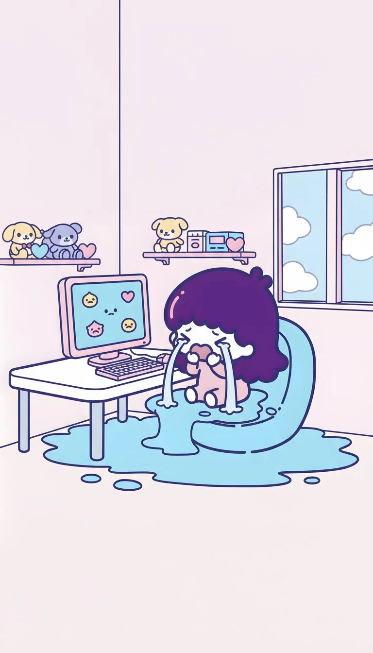 A cartoon girl sitting in a chair, crying and spilling water, while looking at a computer screen with sad and heart emojis. The room has a window showing a sky with clouds, and shelves with stuffed animals and books.