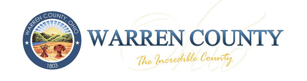Warren County, Ohio official logo featuring a landscape with a sun rising, fields, and a windmill, along with text "Warren County, Ohio," "The Incredibly County".
