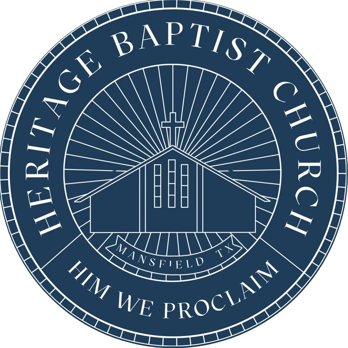 Seal of the Hermitage Baptist Church in Mansfield, TX, featuring a church building, a cross above, rays of light, and the text "Hermitage Baptist Church Mansfield TX We Proclaim."