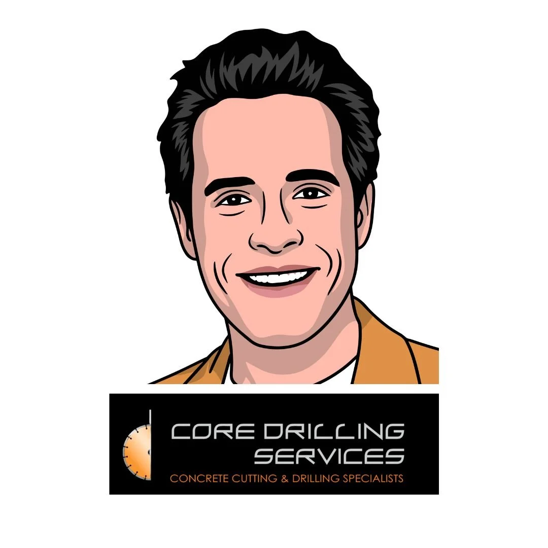 Illustration of a smiling man with dark hair, wearing a brown jacket, and a sign for Core Drilling Services, concrete cutting and drilling specialists.