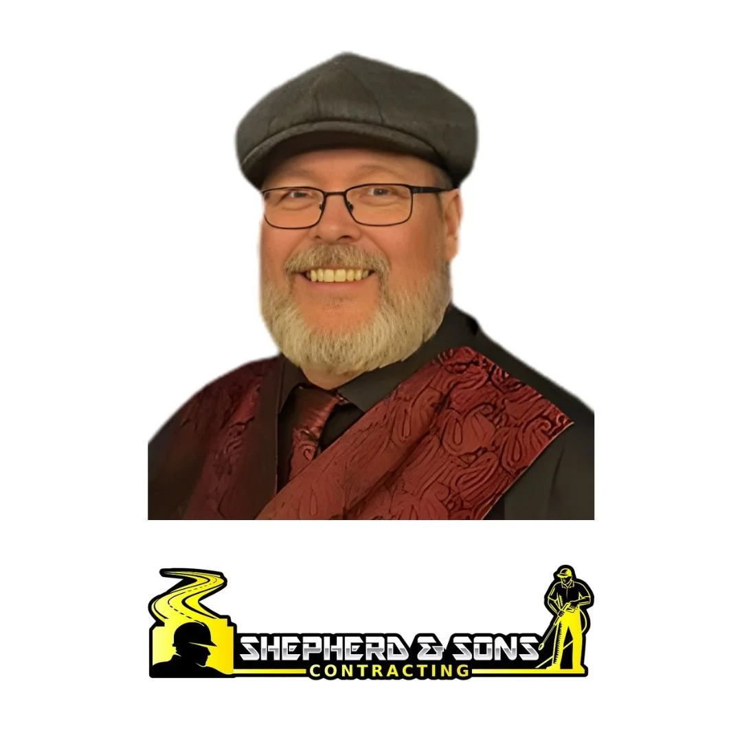 A man with glasses and a beard wearing a gray cap, black shirt, red patterned sash, smiling against a plain white background, with 'Shepherd & Sons Contracting' logo at the bottom.