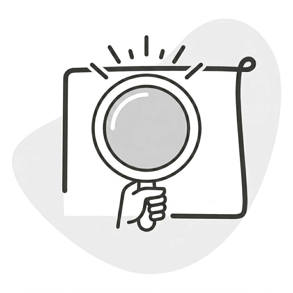 Illustration of a hand holding a magnifying glass in front of a lightbulb icon.