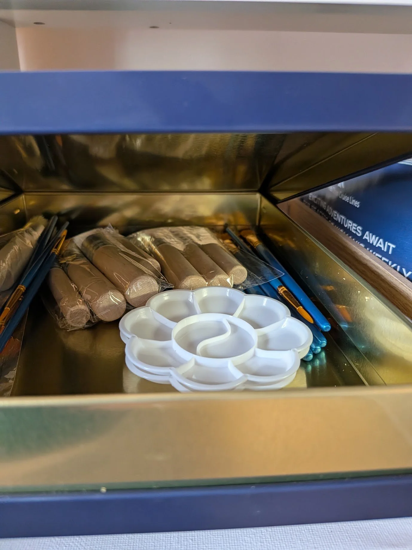 View of painting materials inside a box