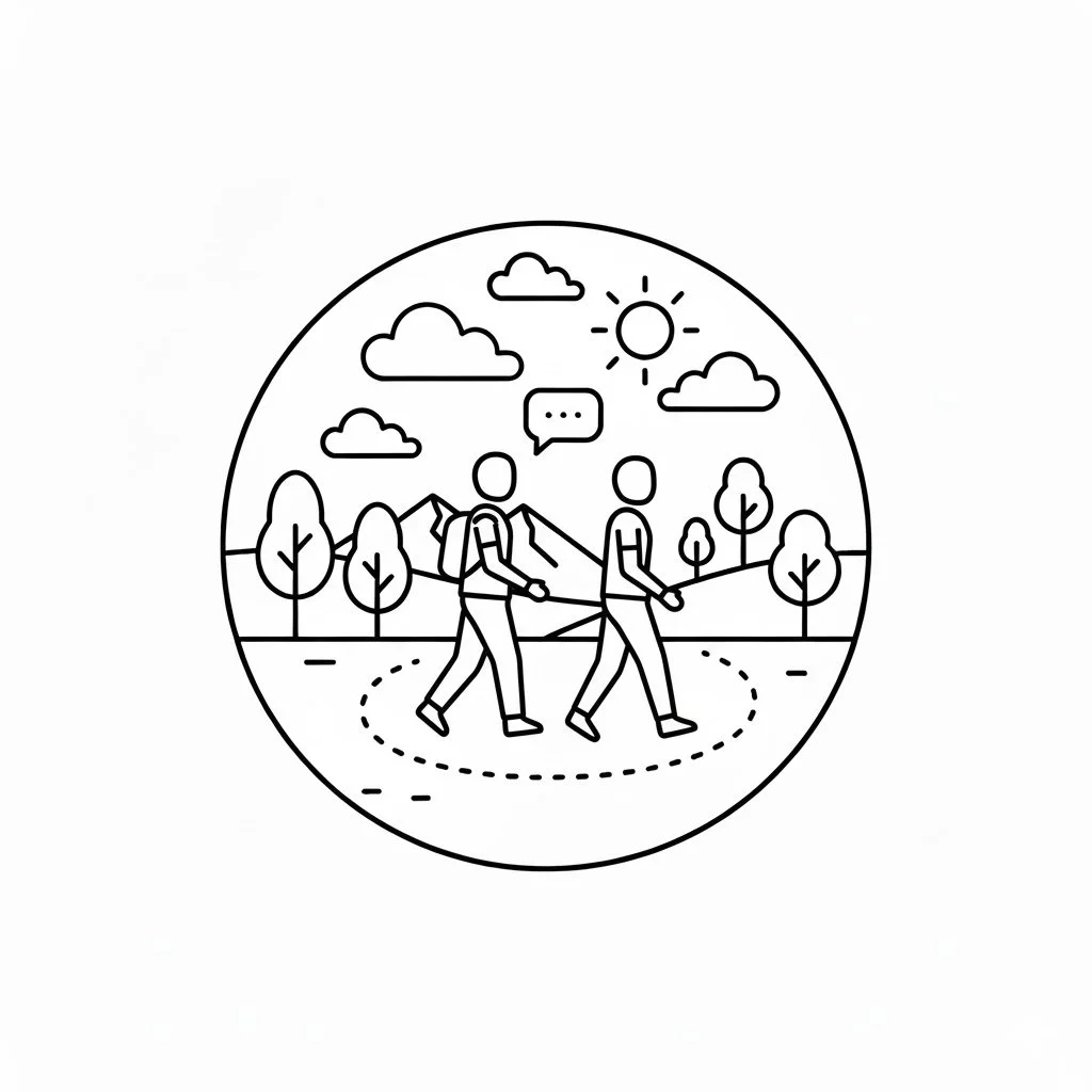 Line drawing of two people hiking outdoors with mountains, trees, clouds, and the sun in the background, one person speaking with a speech bubble.