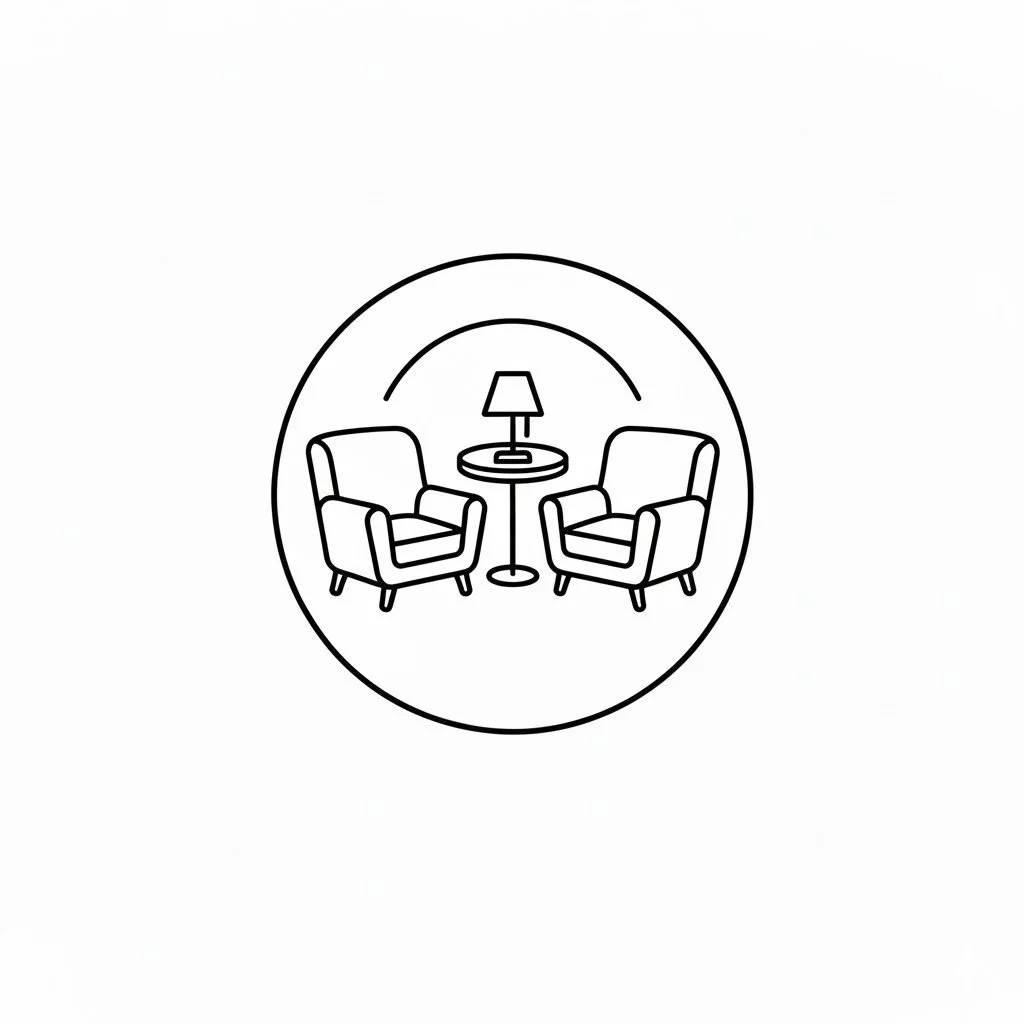 Line drawing of two armchairs facing each other with a small side table and lamp in between, encircled by a circle.