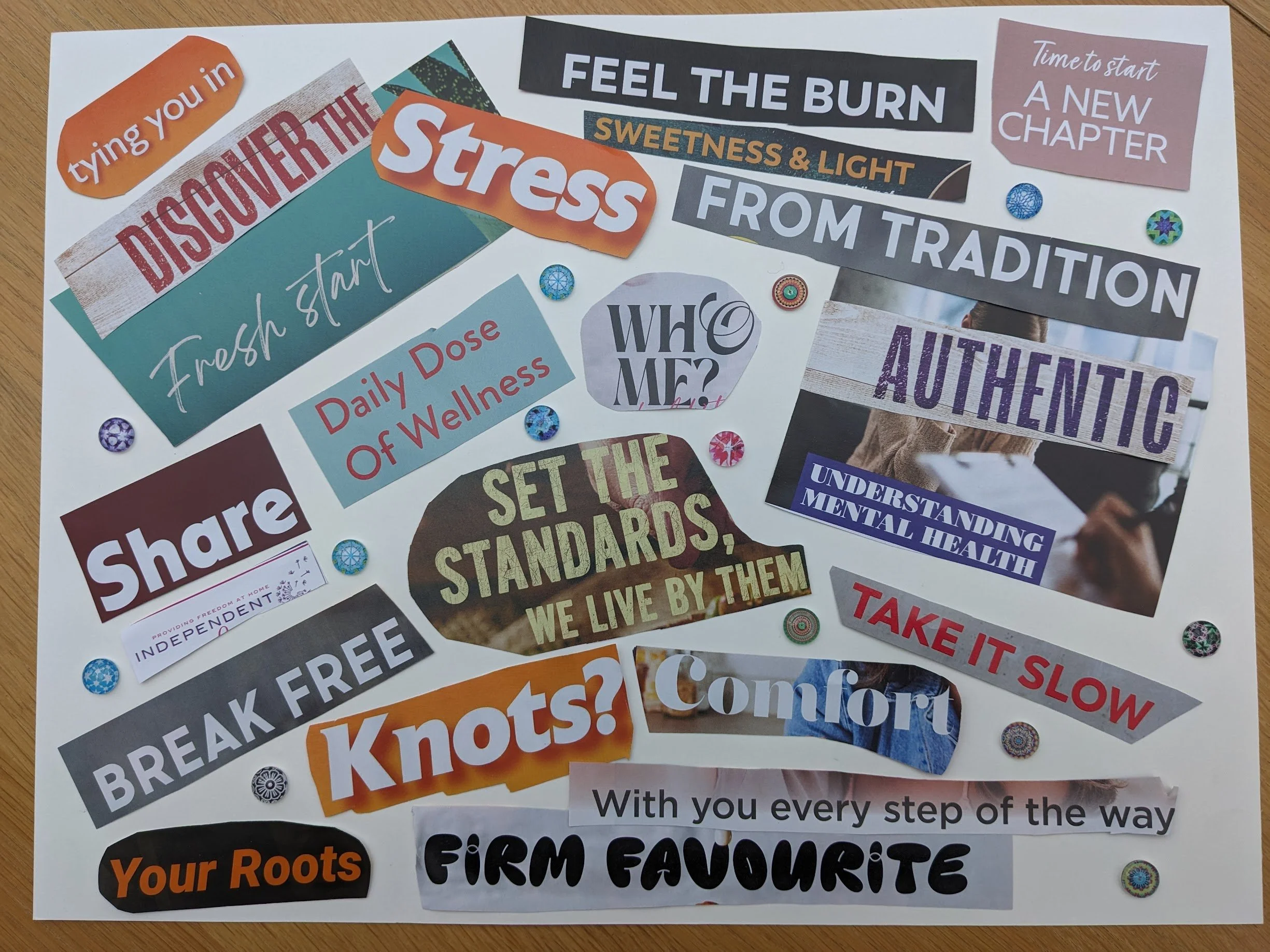 A collage of various headline cut outs containing words with a mental health theme.