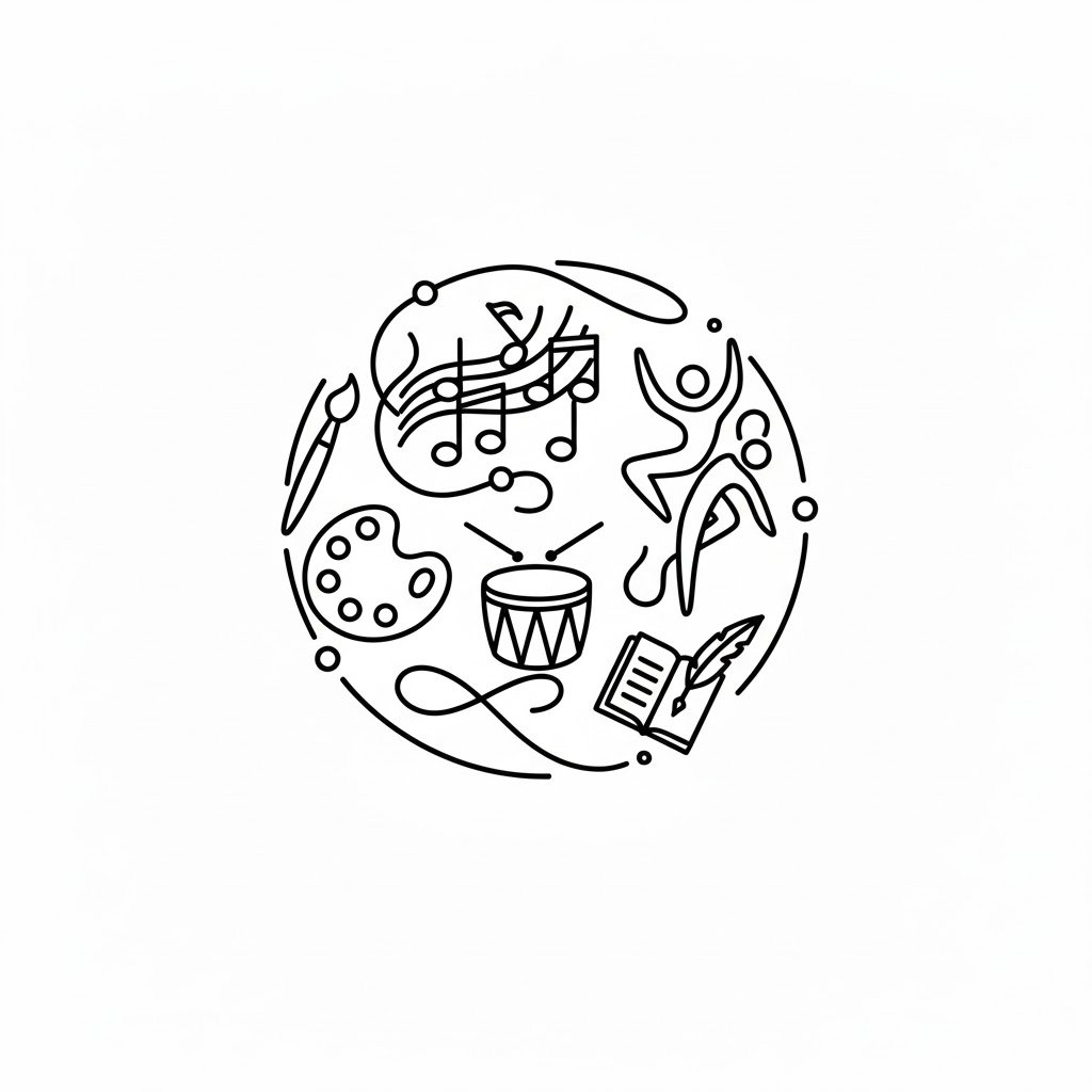 Minimalist line drawing of various arts and entertainment symbols including musical notes, a dancer, a painter's palette, a drum, a book with a feather, and a paintbrush, arranged in a circle.