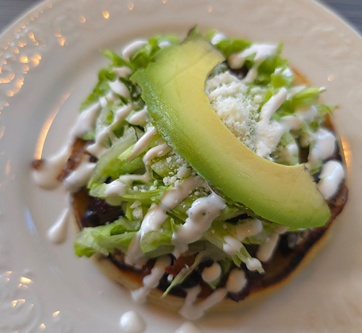 A plate with a toasted tortilla topped with shredded lettuce, sliced avocado, shredded cheese, a drizzle of white sauce, and sour cream.